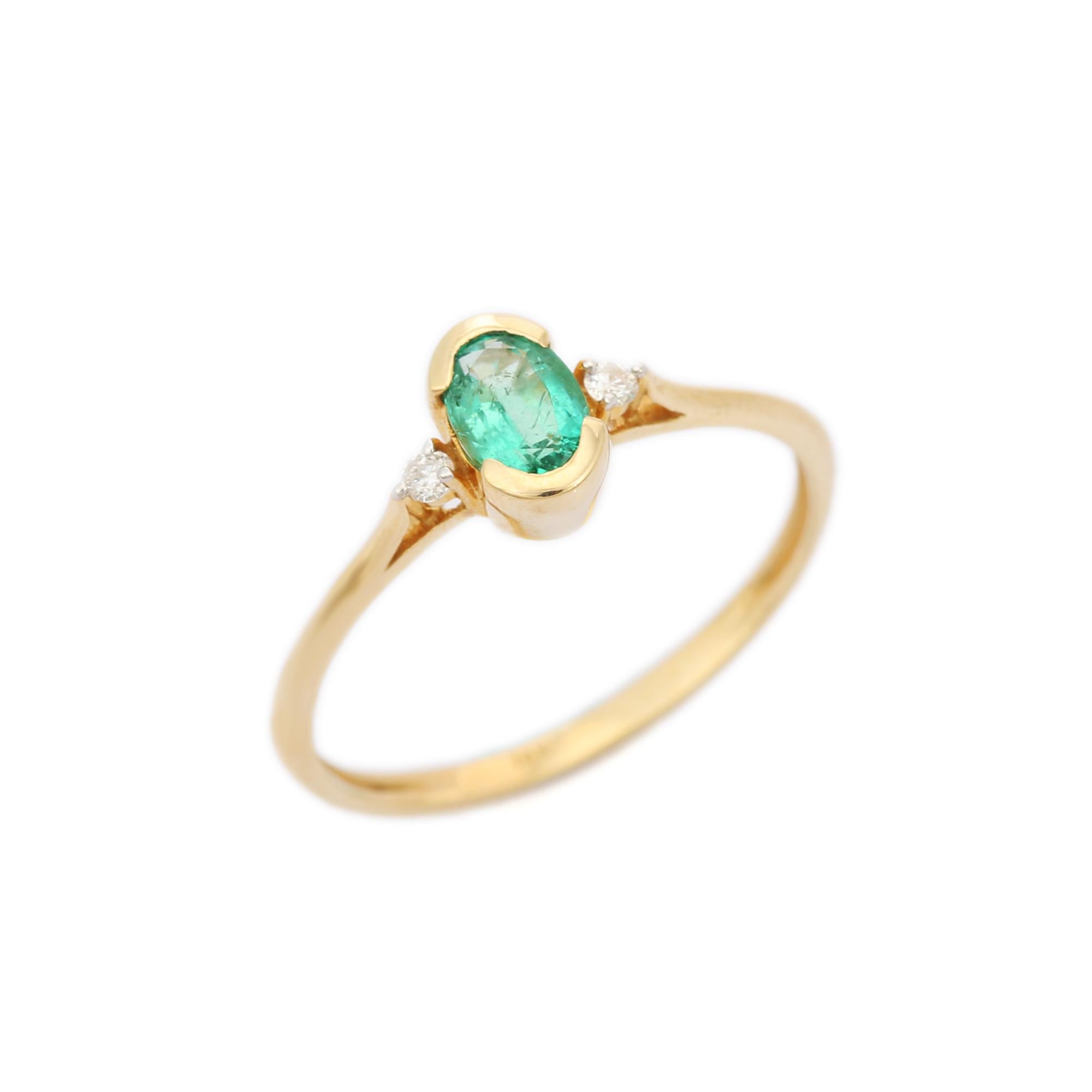 For Sale:  Emerald and Diamond Three Stone Engagement Ring in 14K Yellow Gold 8