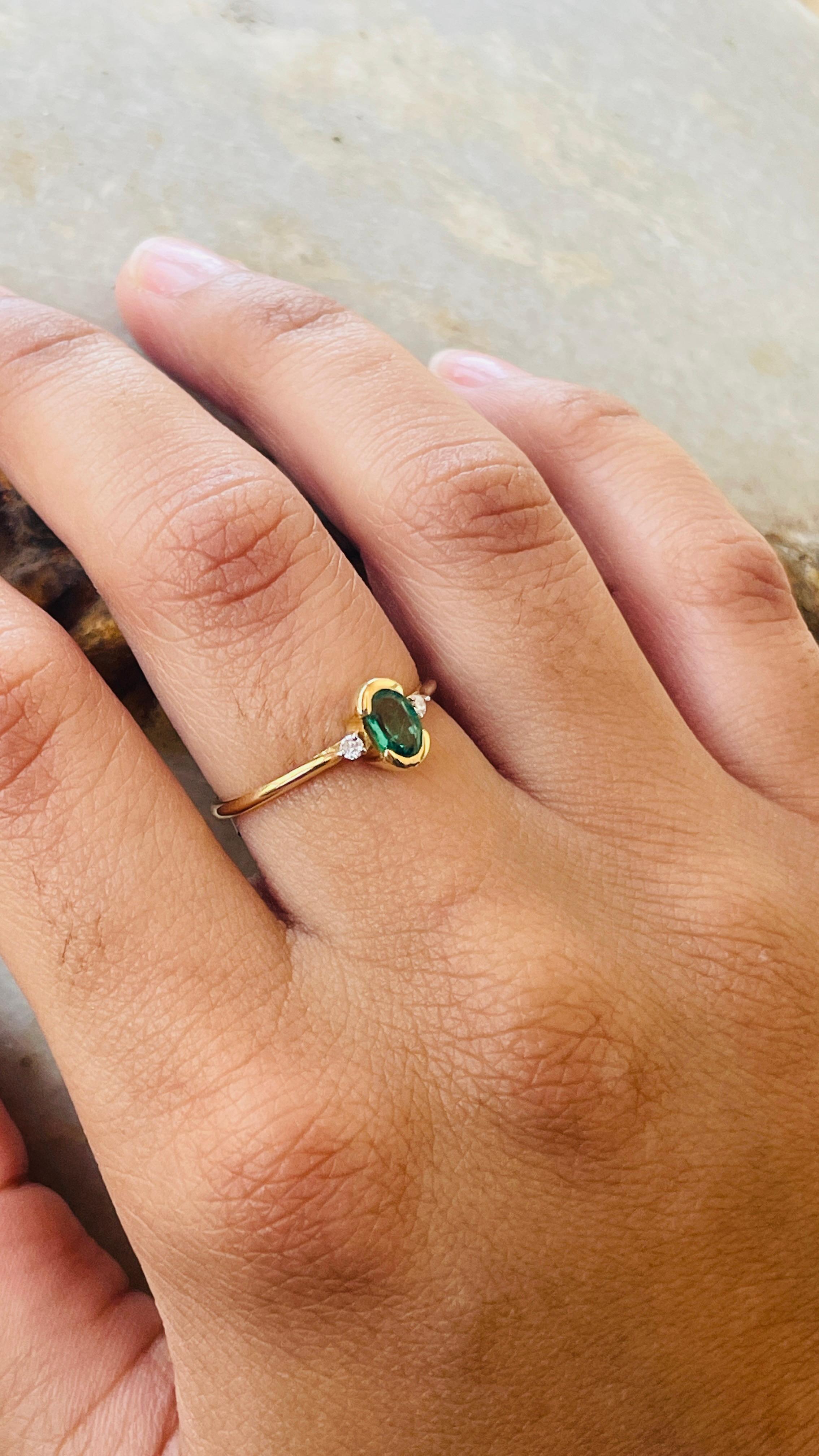 For Sale:  Emerald and Diamond Three Stone Engagement Ring in 14K Yellow Gold 9