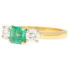 Emerald and Diamond Three Stone Engagement Ring Set in 18k Yellow Gold