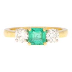 Emerald and Diamond Three Stone Engagement Ring Set in 18k Yellow Gold