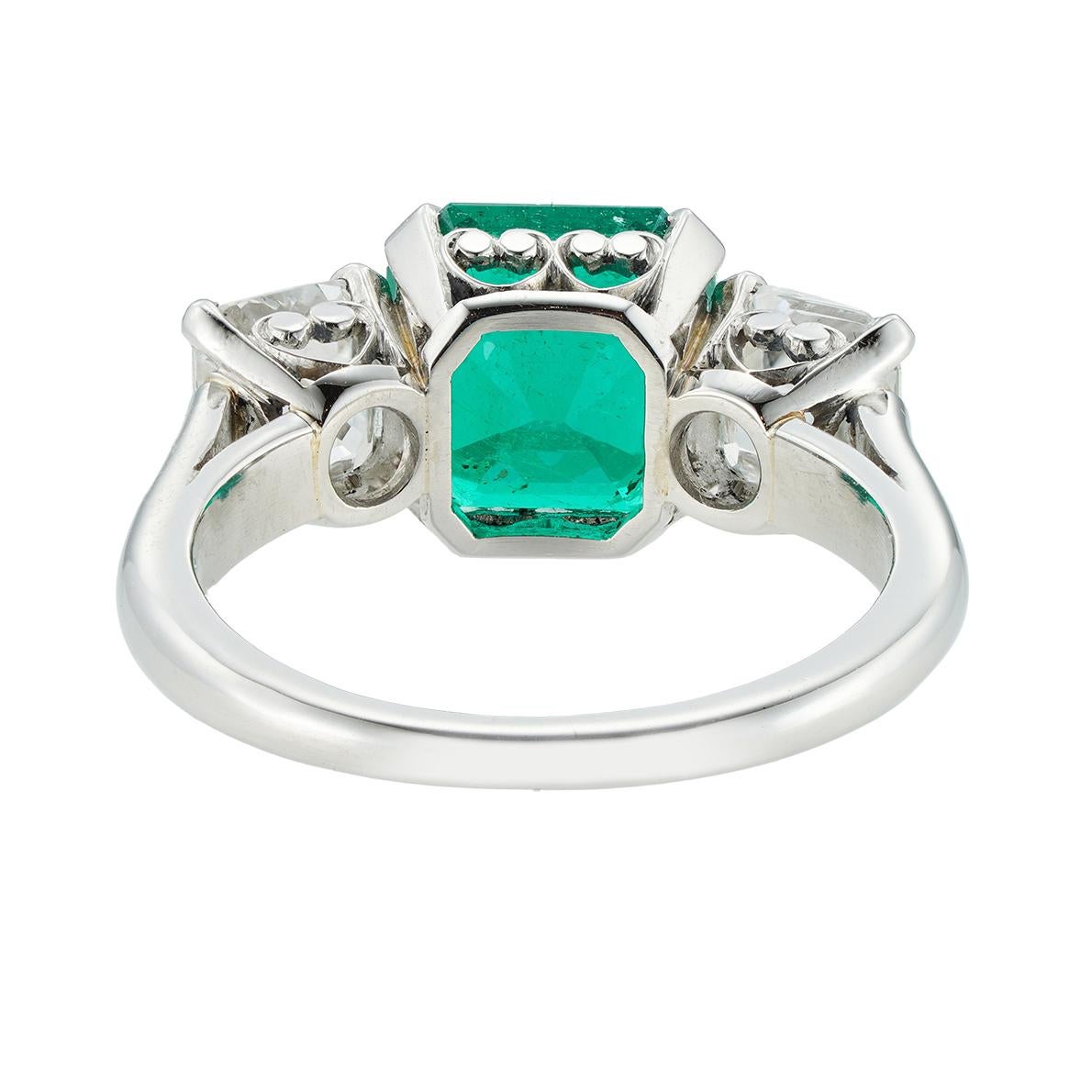 Octagon Cut Emerald and Diamond Three-Stone Ring
