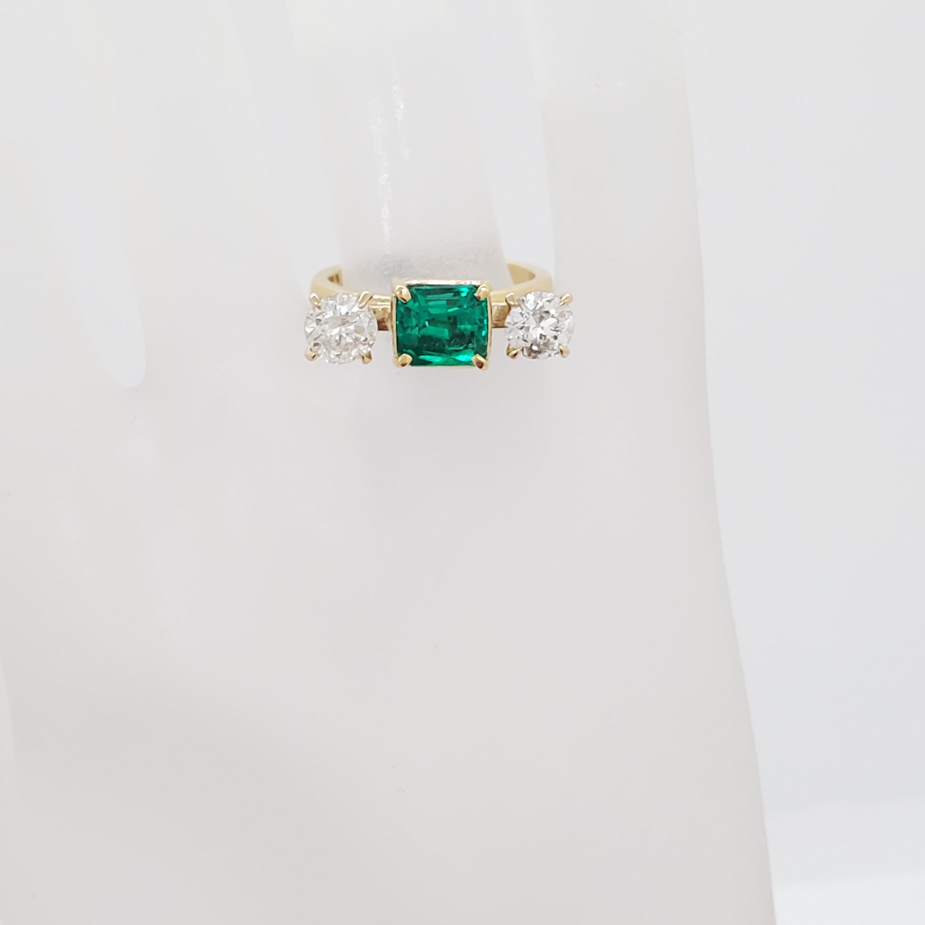 Women's or Men's Emerald and Diamond Three Stone Ring in 18k Yellow Gold
