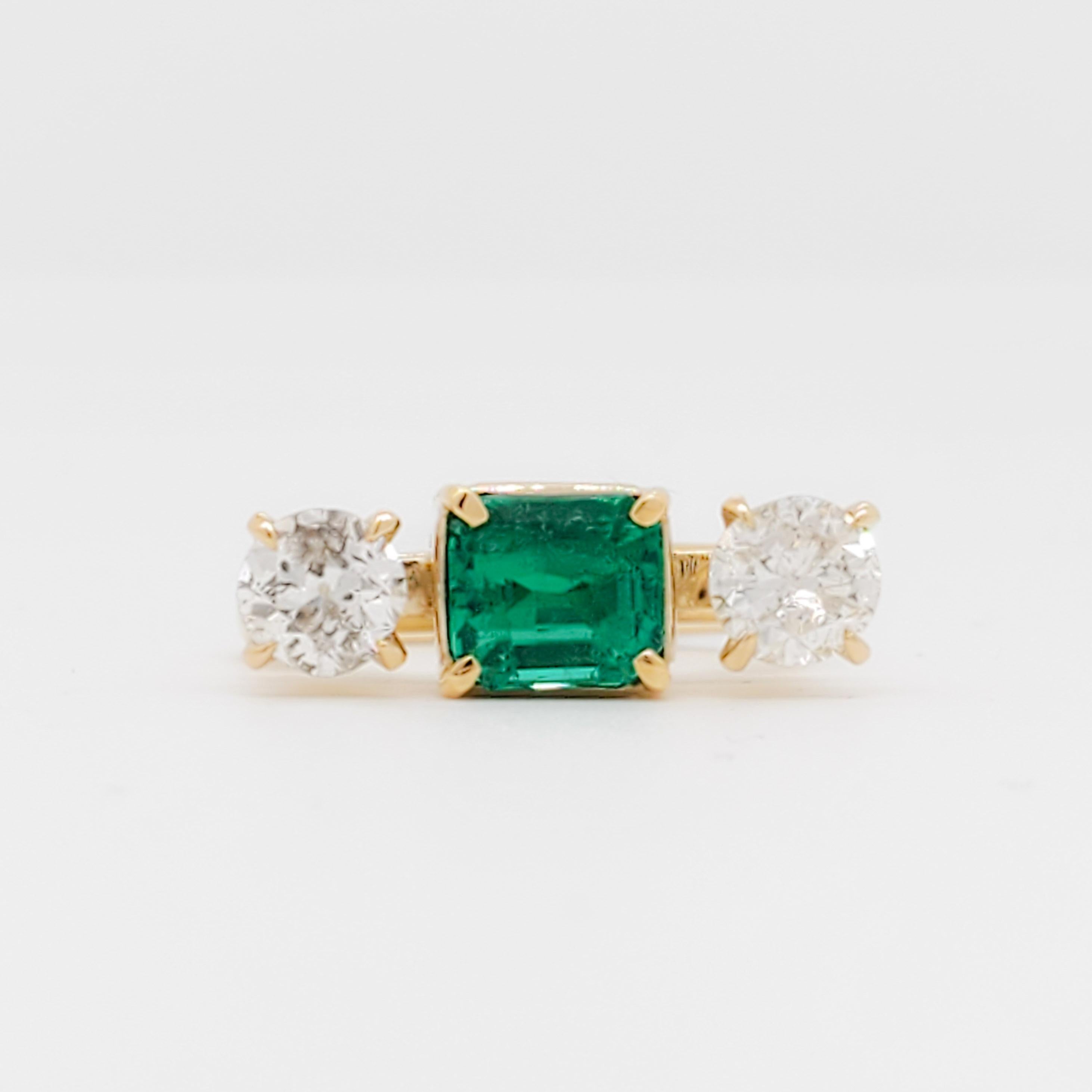 Emerald Cut Emerald and Diamond Three Stone Ring in 18k Yellow Gold