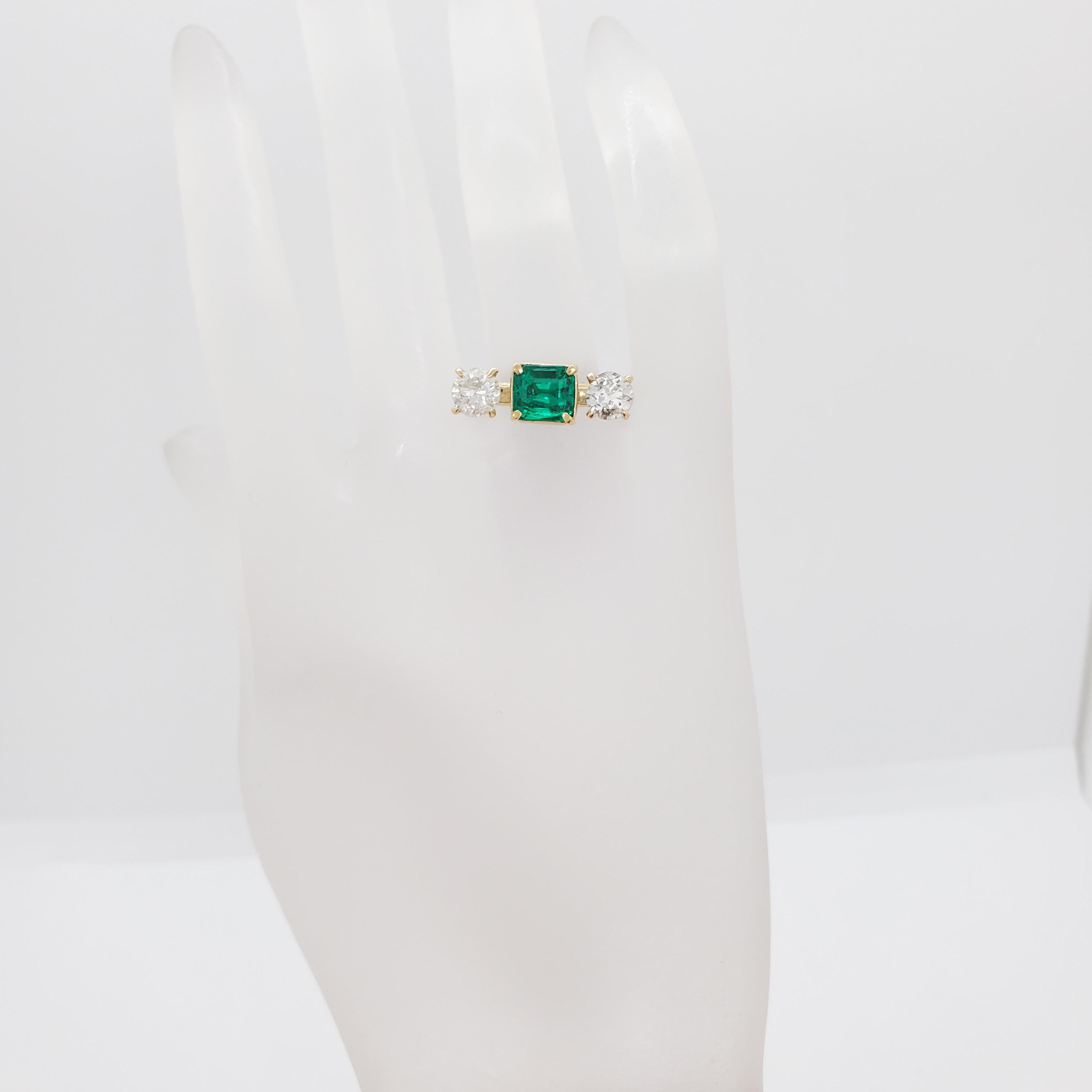 Emerald and Diamond Three Stone Ring in 18k Yellow Gold 2