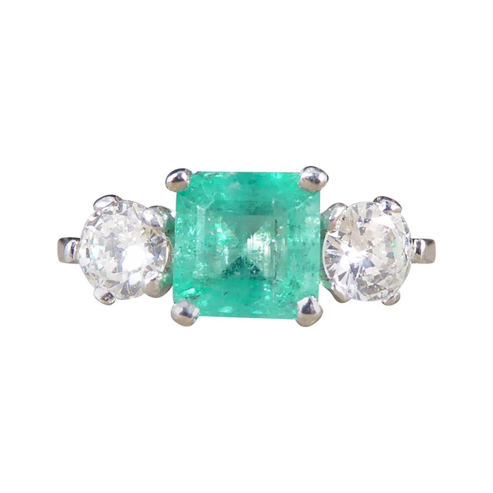 Emerald and Diamond ThreeStone Ring in Platinum at 1stDibs