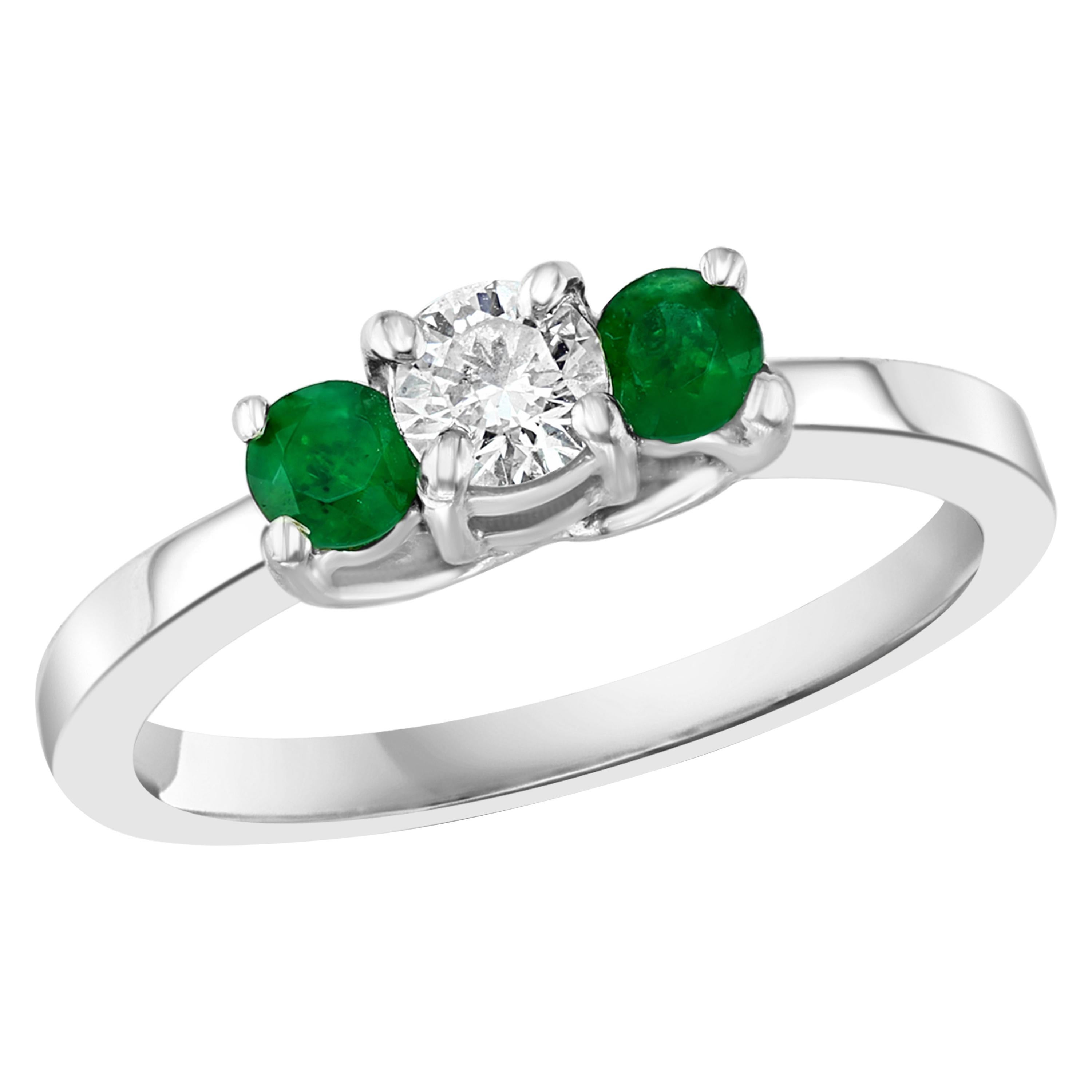 Emerald and Diamond Three-Stone Ring Past Present Future 14 Karat White Gold