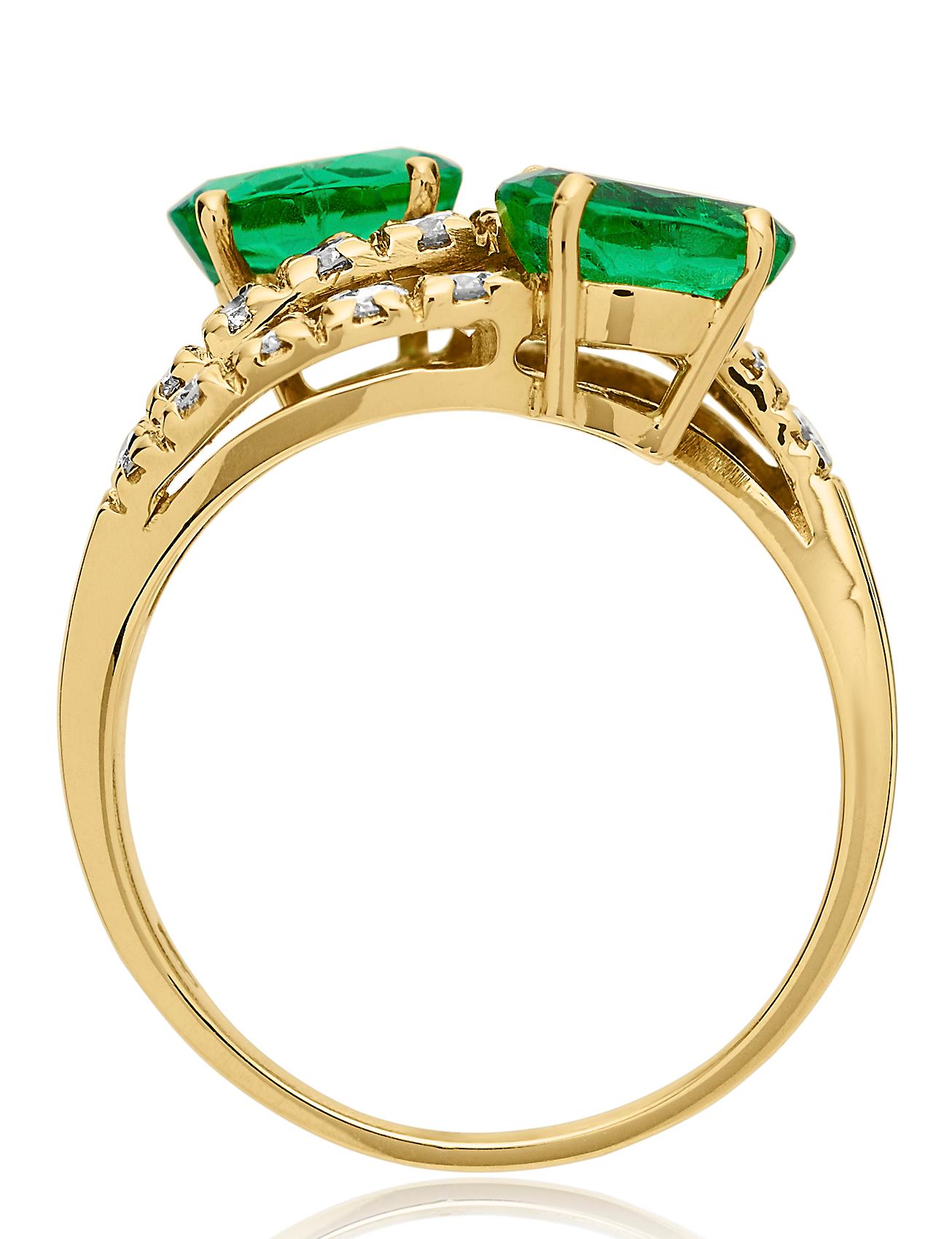 Oval Cut Emerald and Diamond Three-Tiered Ring in 18K Yellow Gold For Sale