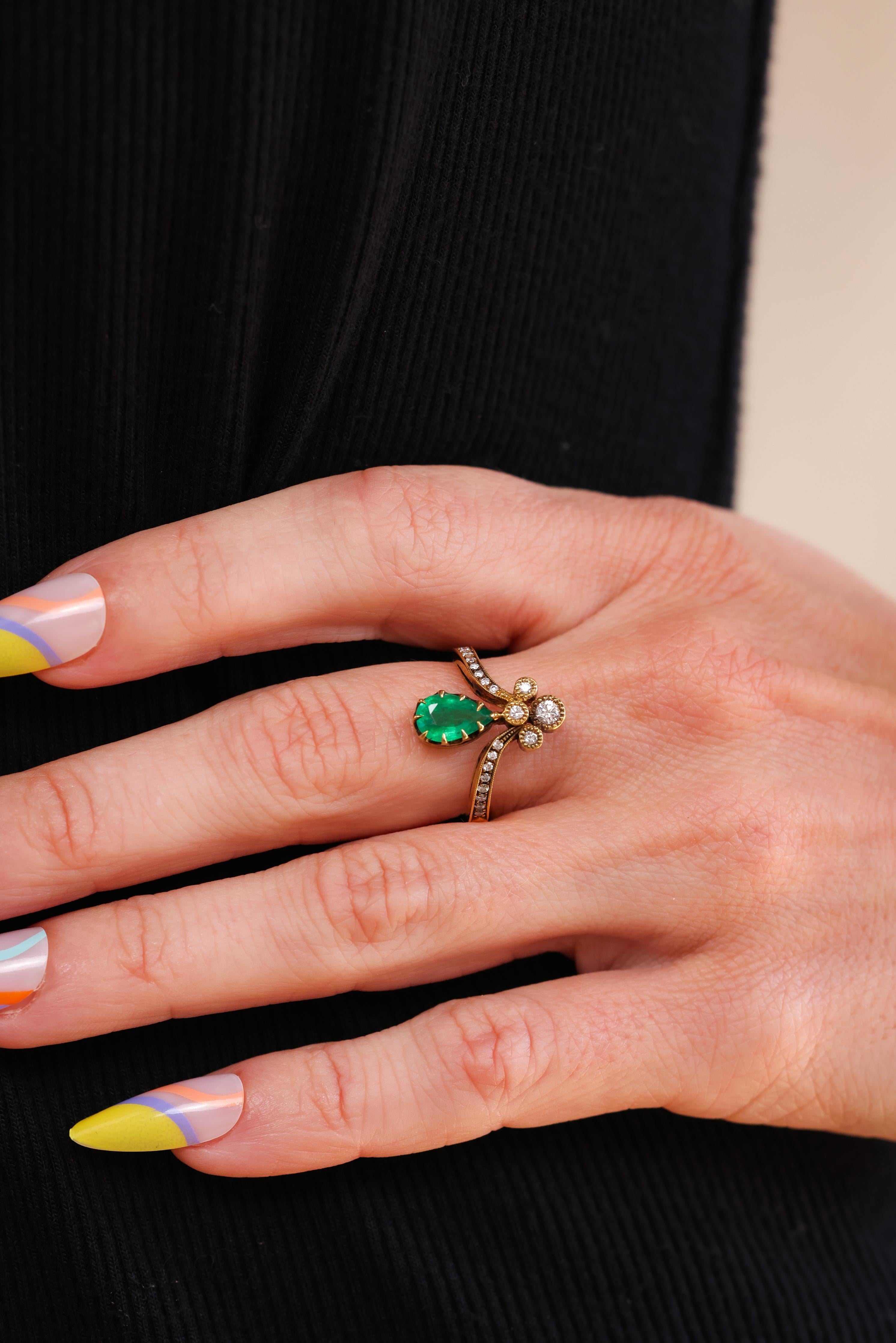 Trumpet & Horn's exclusive Tiara ring is reminiscent of Victorian times where jewelry and fashion were inspired by nature and romance. This newly made, vintage-inspired ring is made from 18k yellow gold and features a lovely 1.67ct pear shaped