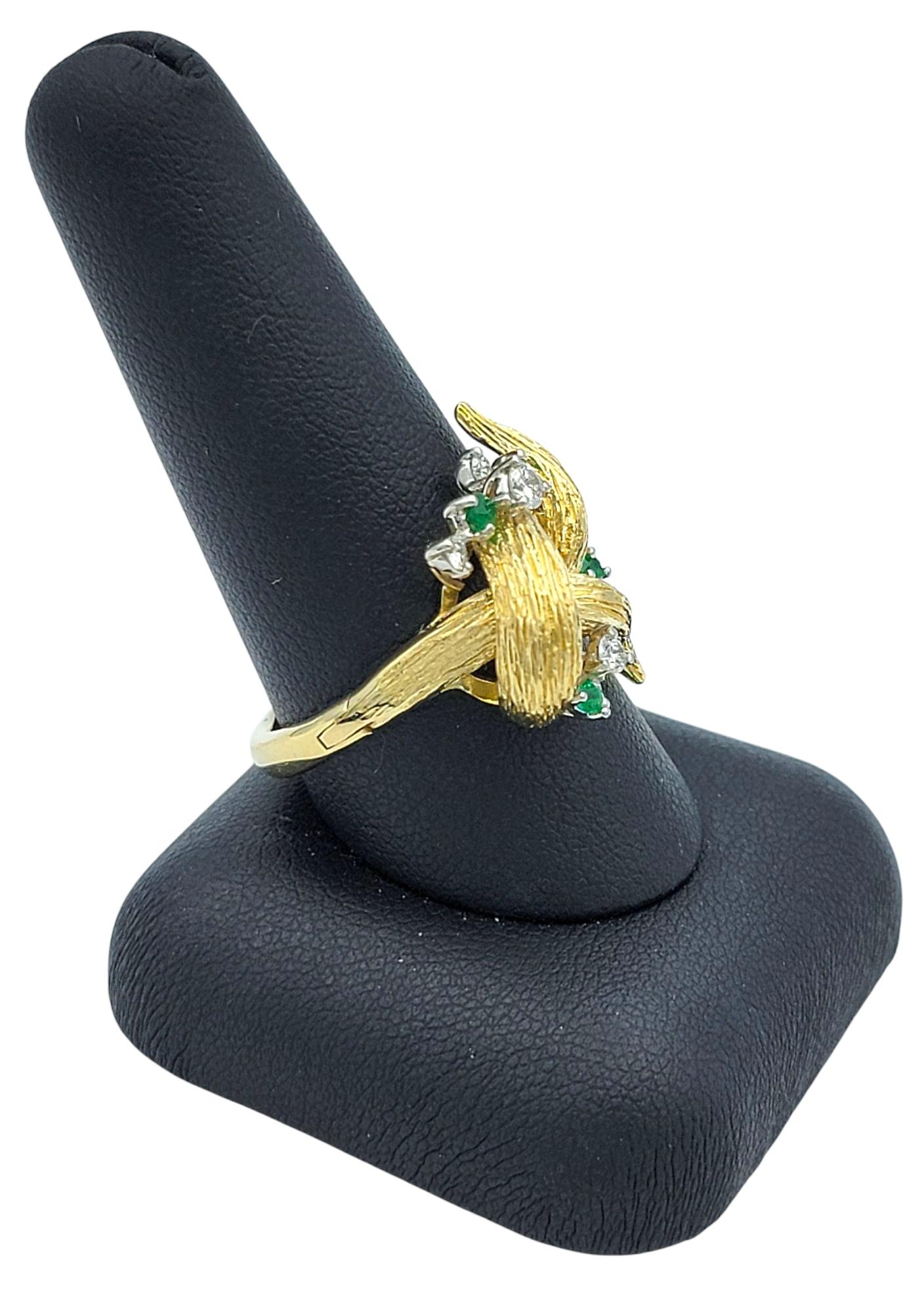 Emerald and Diamond Twisted Faux Bois Cocktail Ring in 14 Karat Yellow Gold For Sale 4