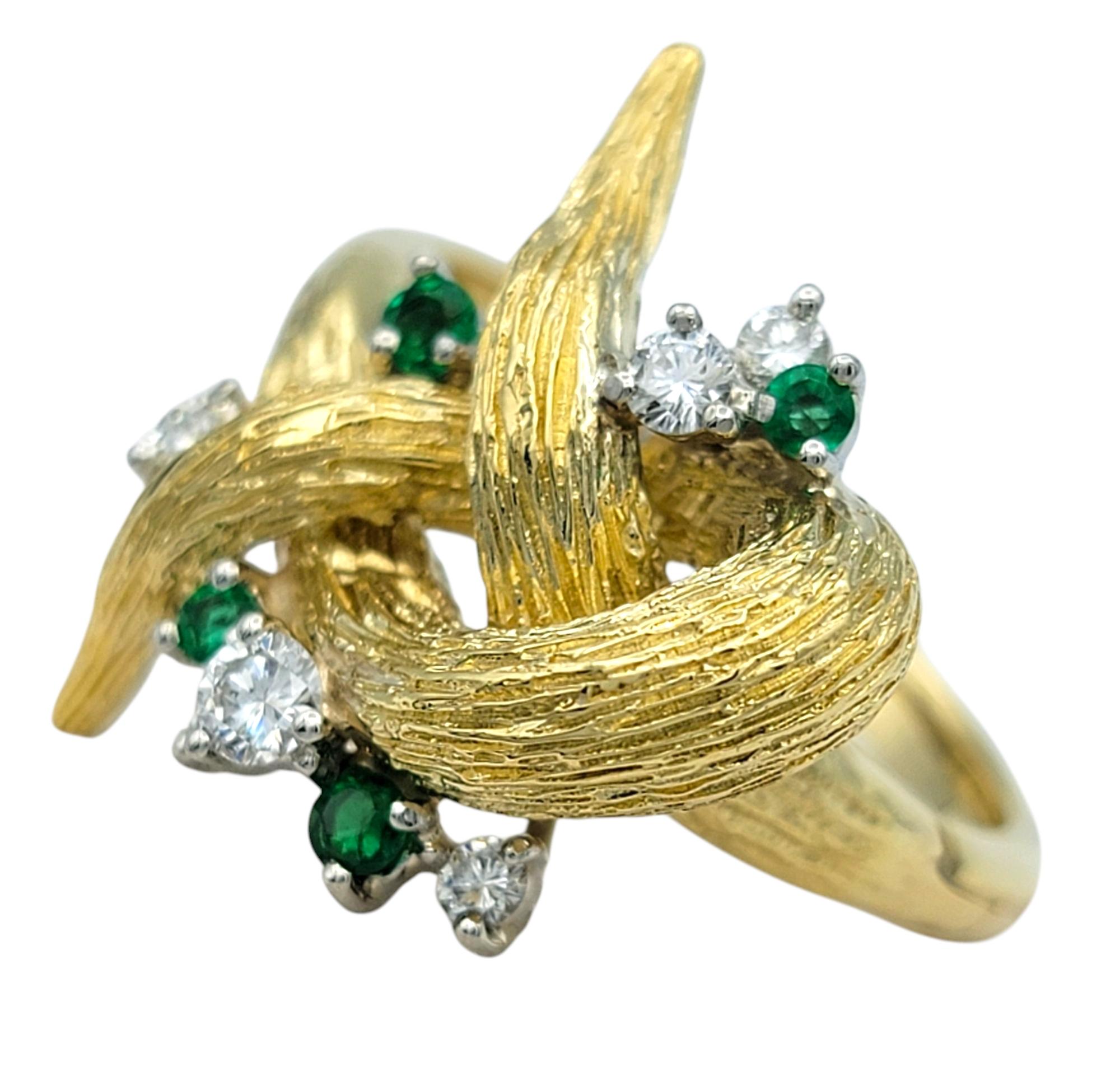 Round Cut Emerald and Diamond Twisted Faux Bois Cocktail Ring in 14 Karat Yellow Gold For Sale
