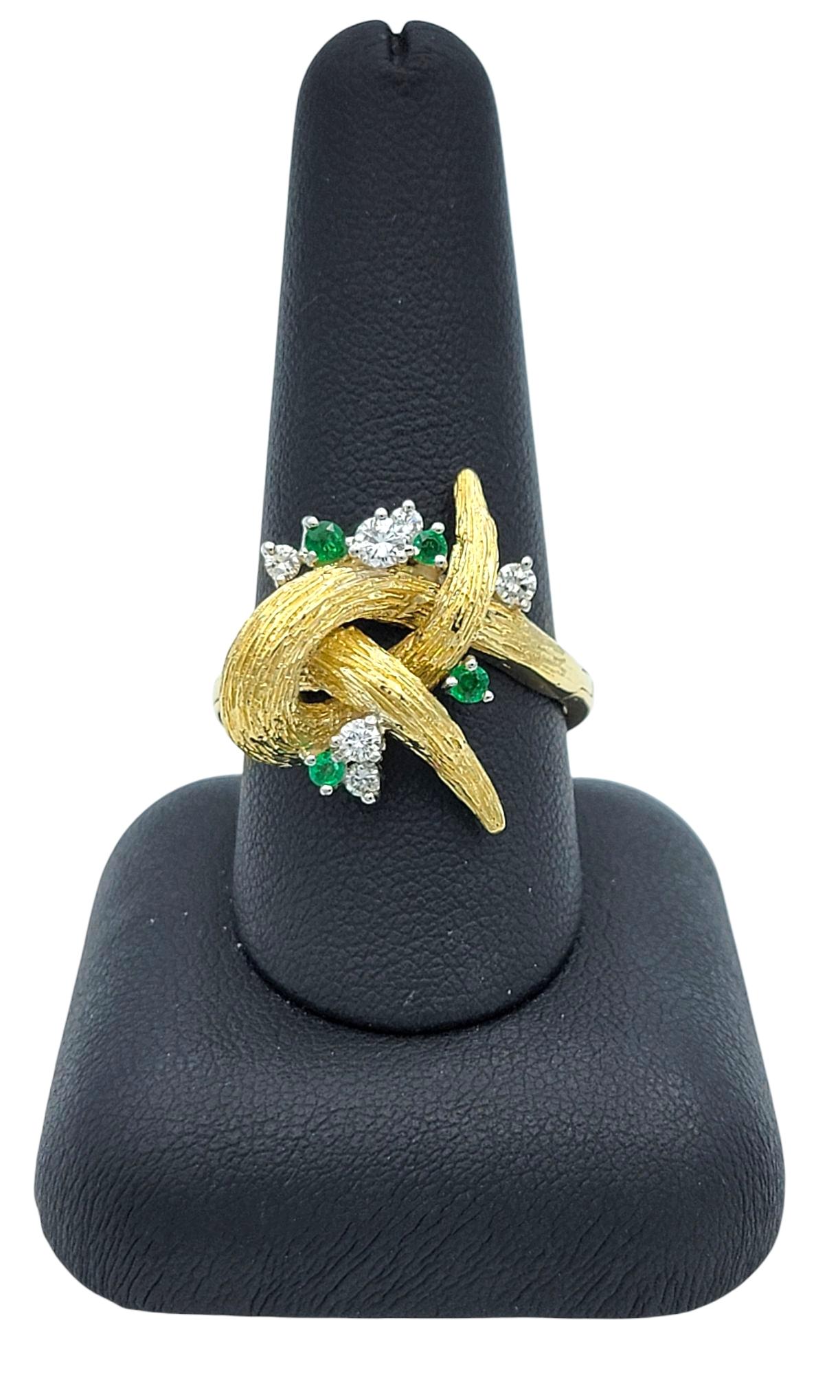 Emerald and Diamond Twisted Faux Bois Cocktail Ring in 14 Karat Yellow Gold For Sale 3