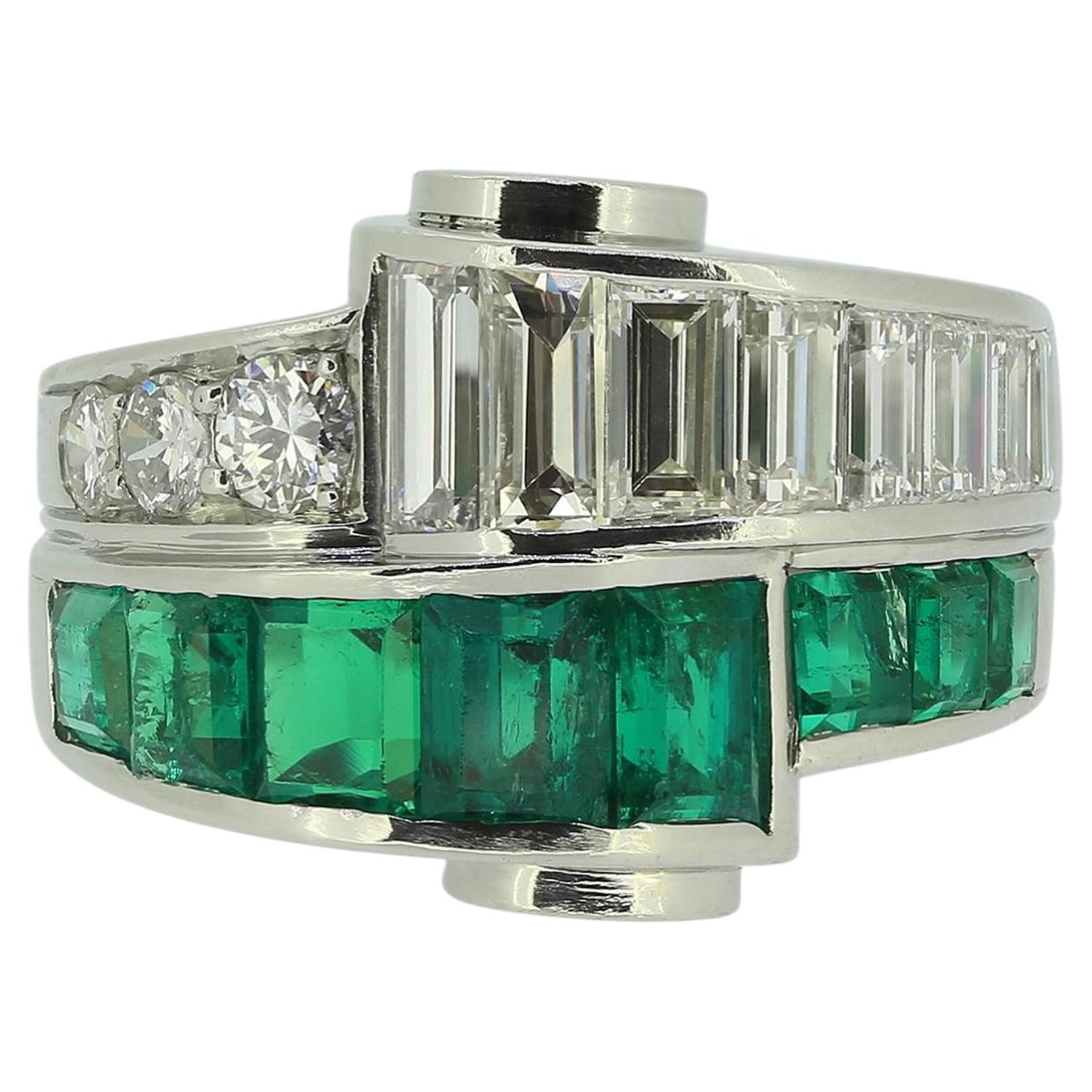 Trabert & Hoeffer-Mauboussin Retro Colombian Emerald and Diamond Two-Row Ring For Sale
