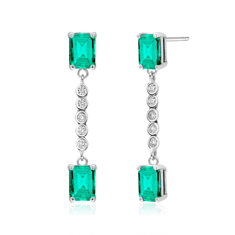 Emerald Cut Emerald and Diamond Two-Tiered White Gold Drop Earrings For Sale