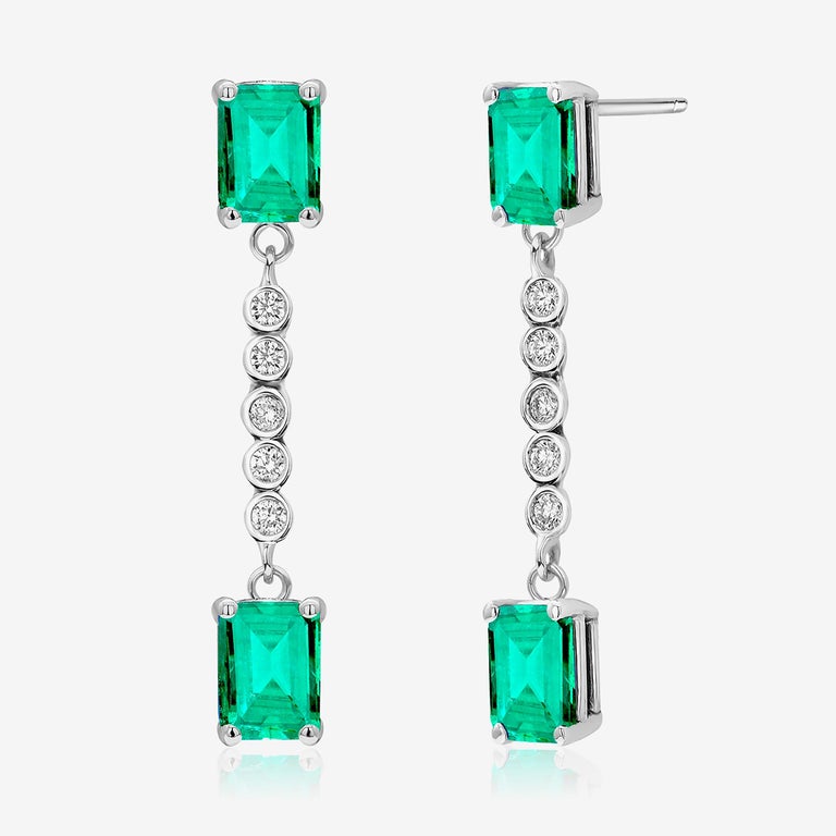 Women's or Men's Emerald and Diamond Two-Tiered White Gold Drop Earrings For Sale