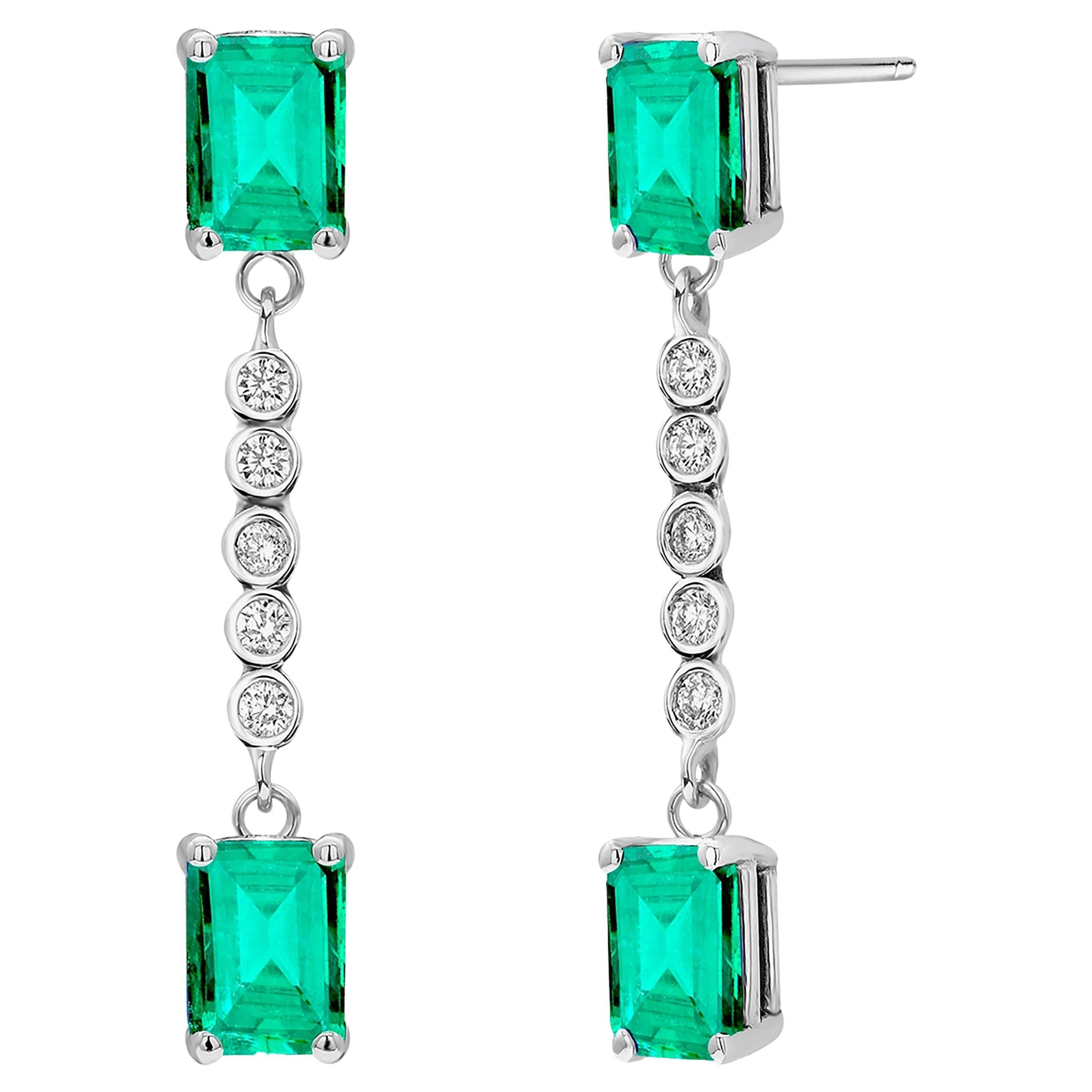 Emerald and Diamond Two-Tiered White Gold Drop Earrings