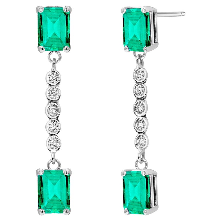 Emerald and Diamond Two-Tiered White Gold Drop Earrings For Sale