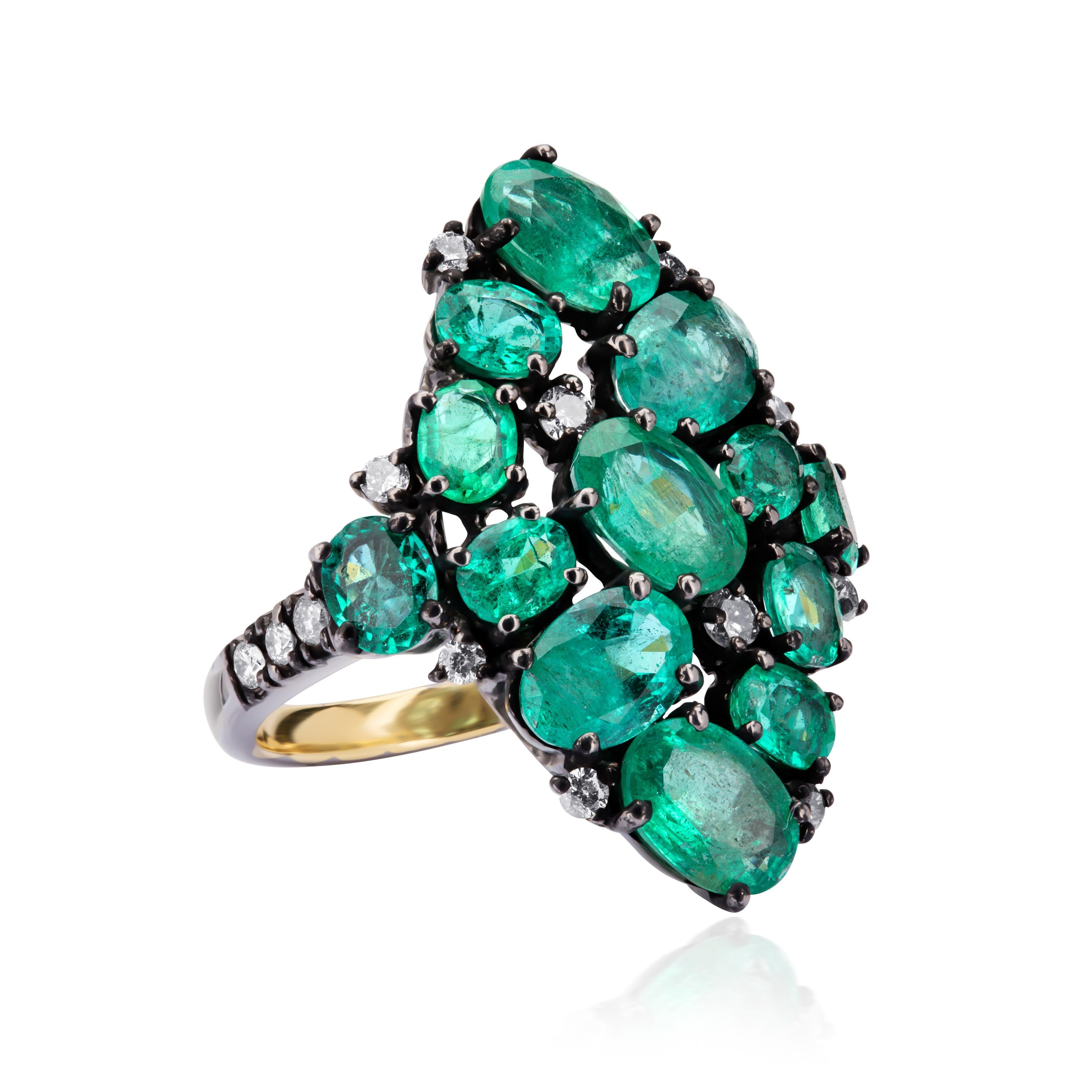 Oval Cut Nigaam 5.9Cts. Emerald and Diamond Victorian Cluster Ring For Sale