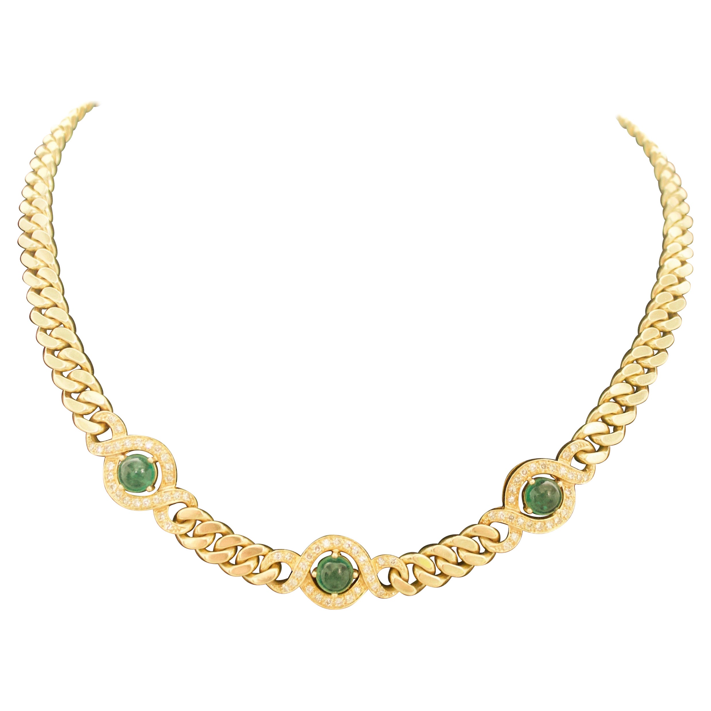 Collana "Cuban Link" vintage con smeraldo e diamante in oro giallo 18 carati