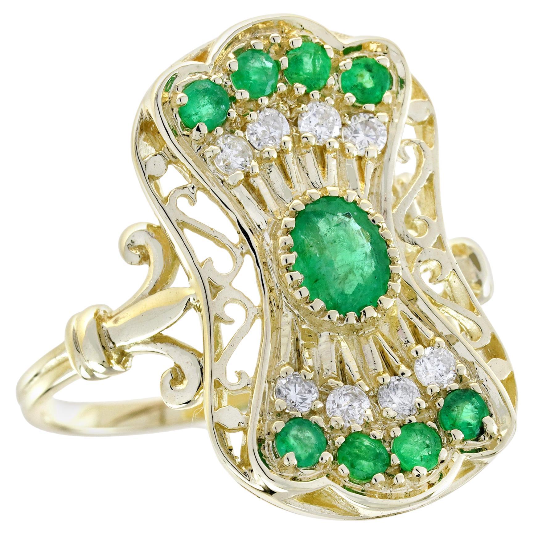 Emerald and Diamond Vintage Style Cocktail Ring in Solid 9K Yellow Gold