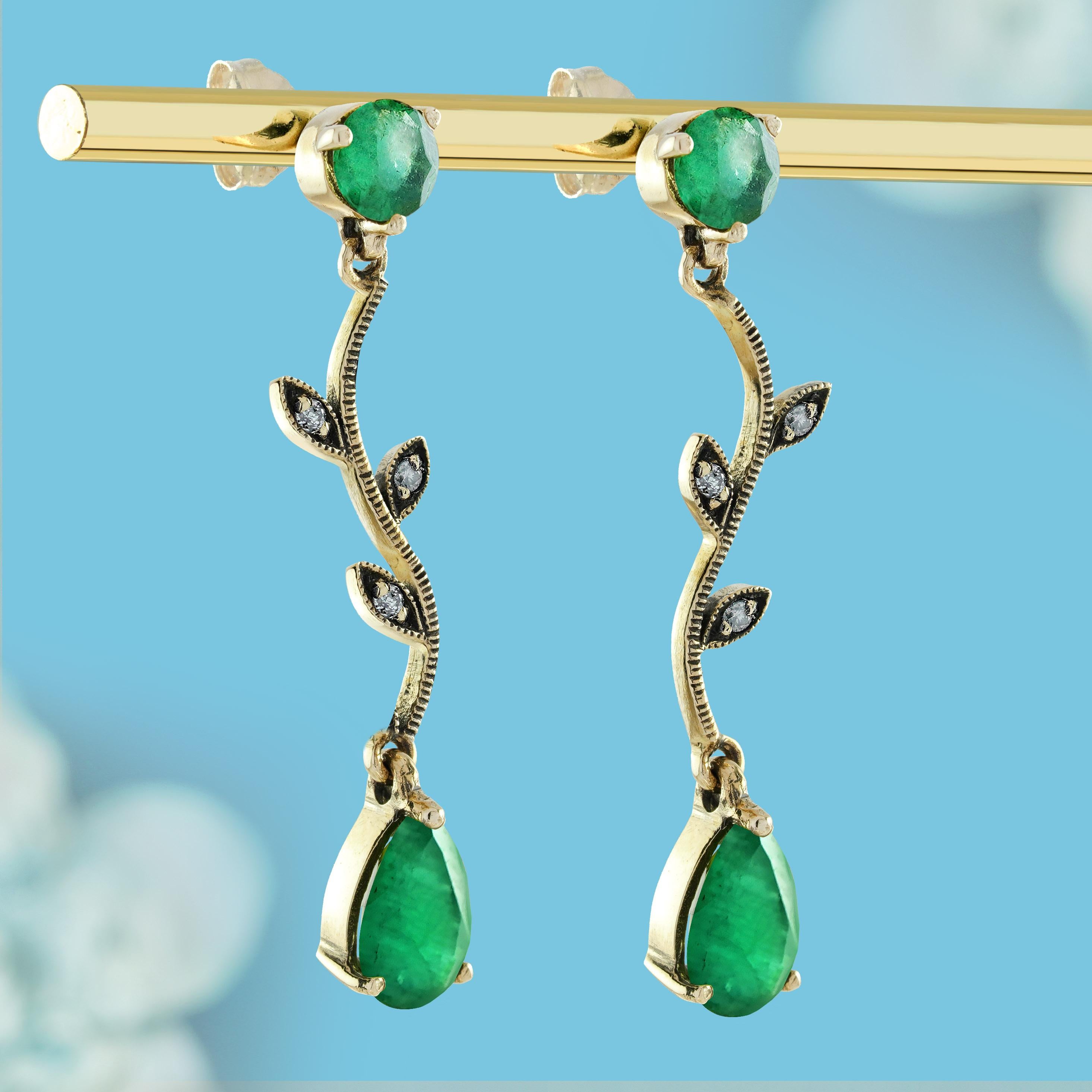 Edwardian Emerald and Diamond Vintage Style Drop Earrings in Solid 9K Gold For Sale