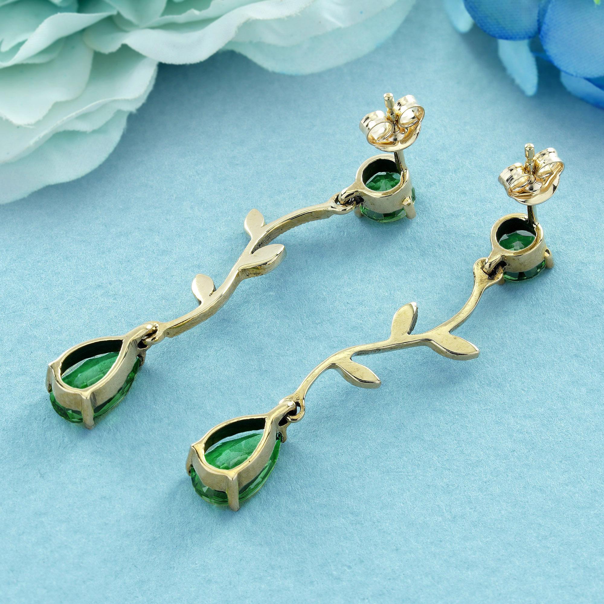 Pear Cut Emerald and Diamond Vintage Style Drop Earrings in Solid 9K Gold For Sale