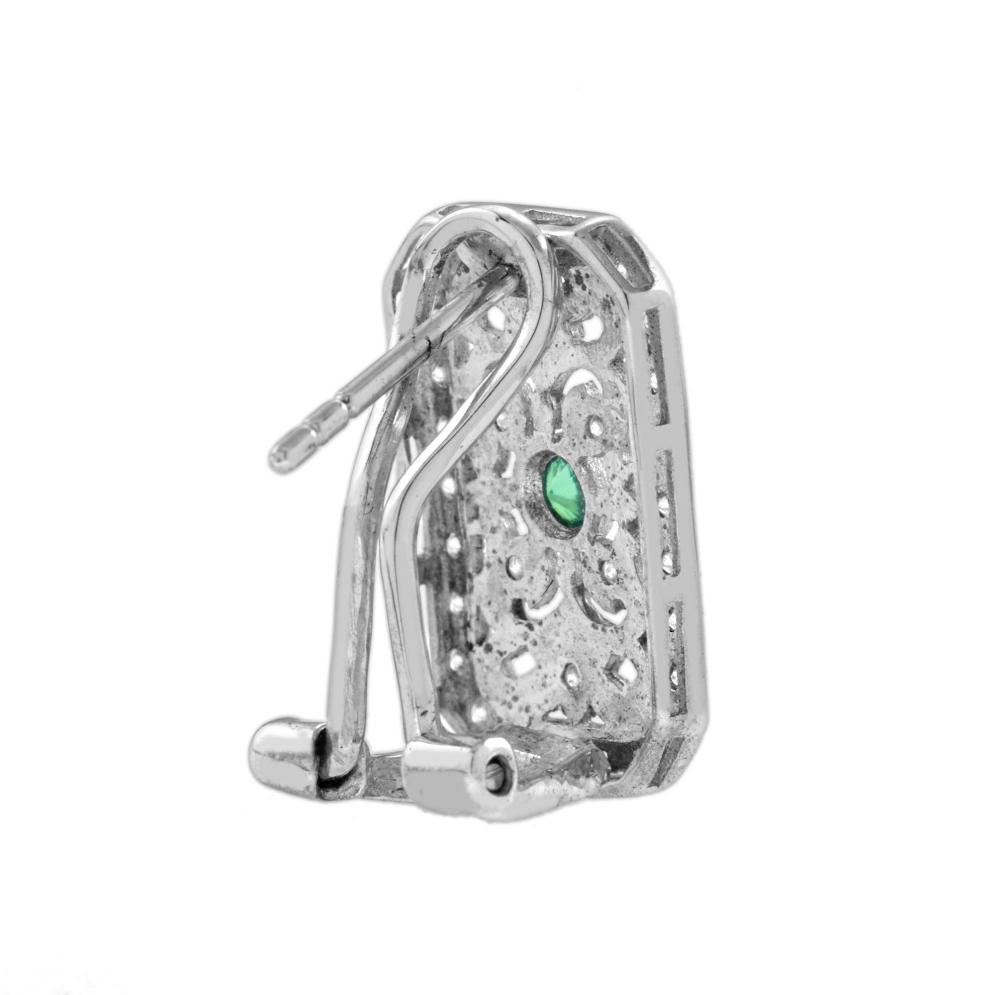 Round Cut Emerald and Diamond Vintage Style Filigree Earrings in 14K White Gold For Sale