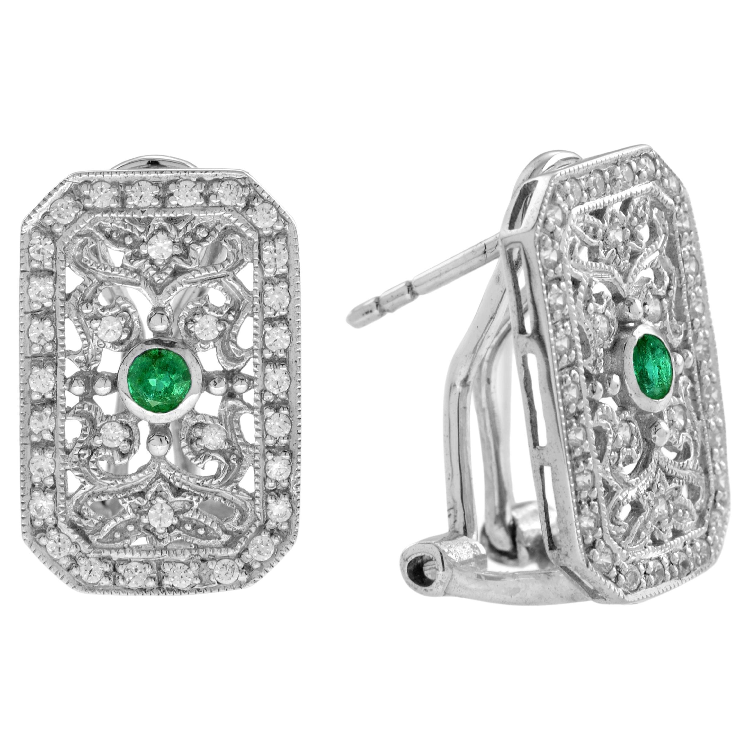 Emerald and Diamond Vintage Style Filigree Earrings in 14K White Gold