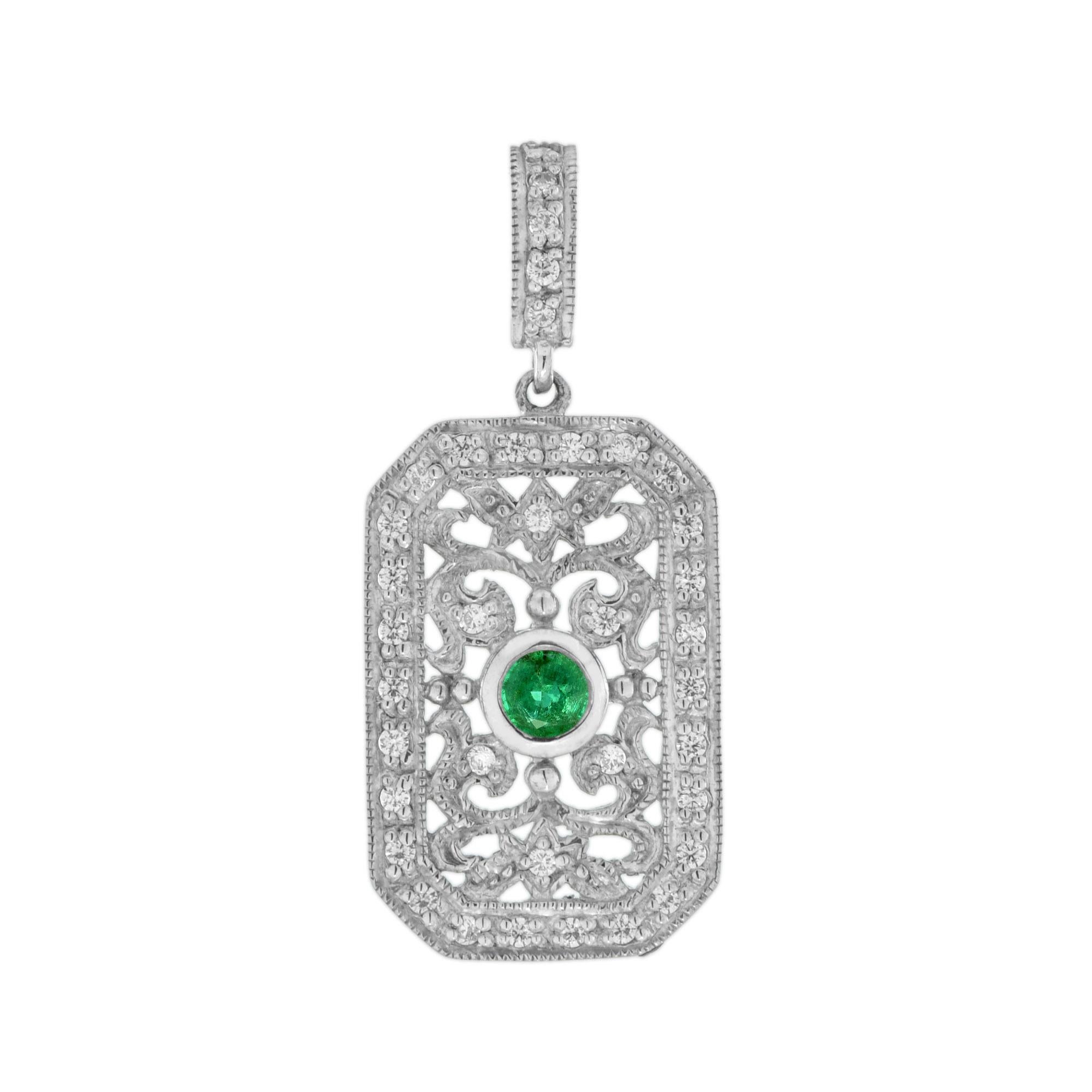 Im Angebot: Filigraner Schmuck im Vintage-Stil mit Smaragd und Diamanten aus 14 Karat Weißgold () 14
