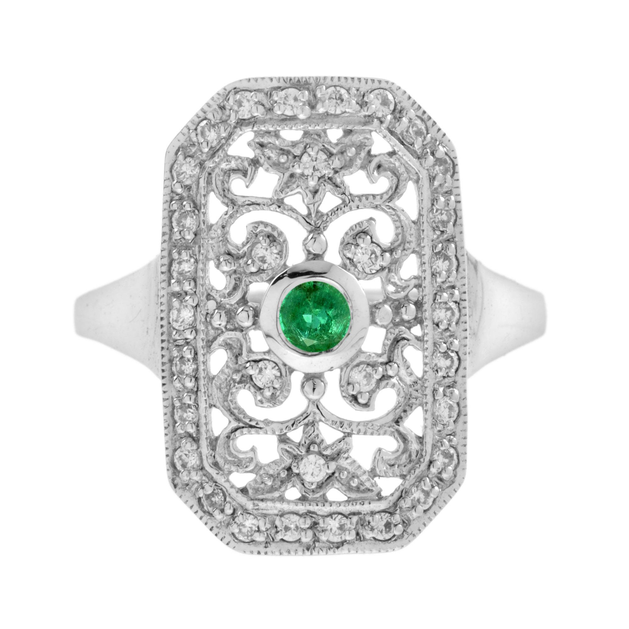 Im Angebot: Filigraner Schmuck im Vintage-Stil mit Smaragd und Diamanten aus 14 Karat Weißgold () 2
