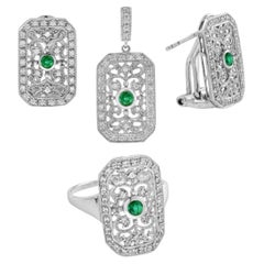 Emerald and Diamond Vintage Style Filigree Jewelry Set in 14K White Gold