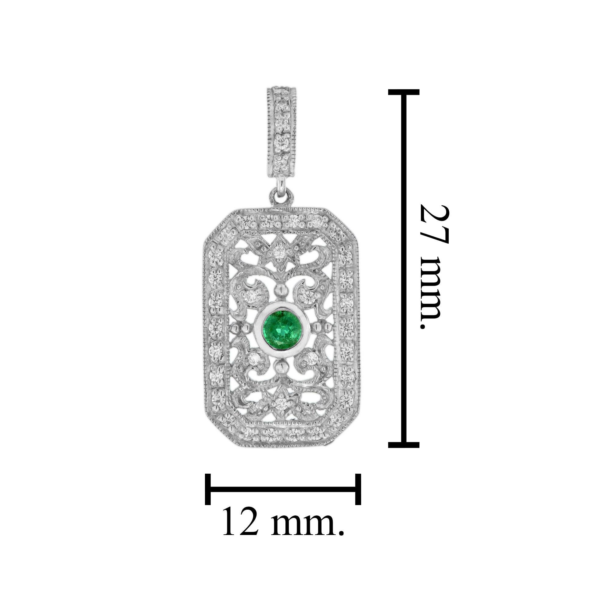 Round Cut Emerald and Diamond Vintage Style Filigree Pendant in 14K White Gold For Sale