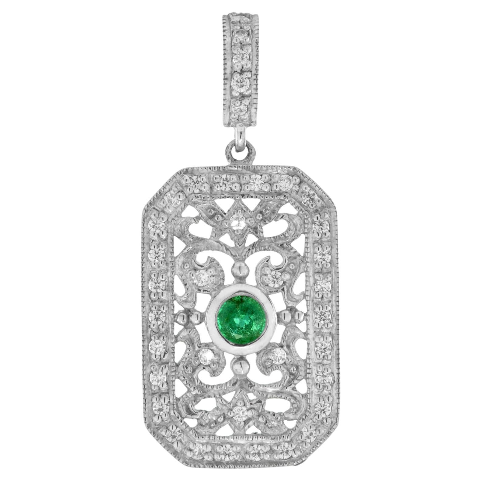 Emerald and Diamond Vintage Style Filigree Pendant in 14K White Gold For Sale