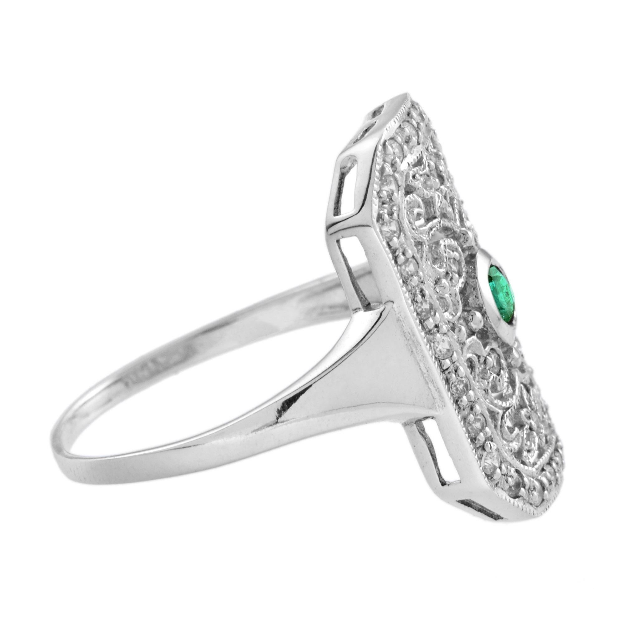 For Sale:  Emerald and Diamond Vintage Style Filigree Ring in 14K White Gold 3