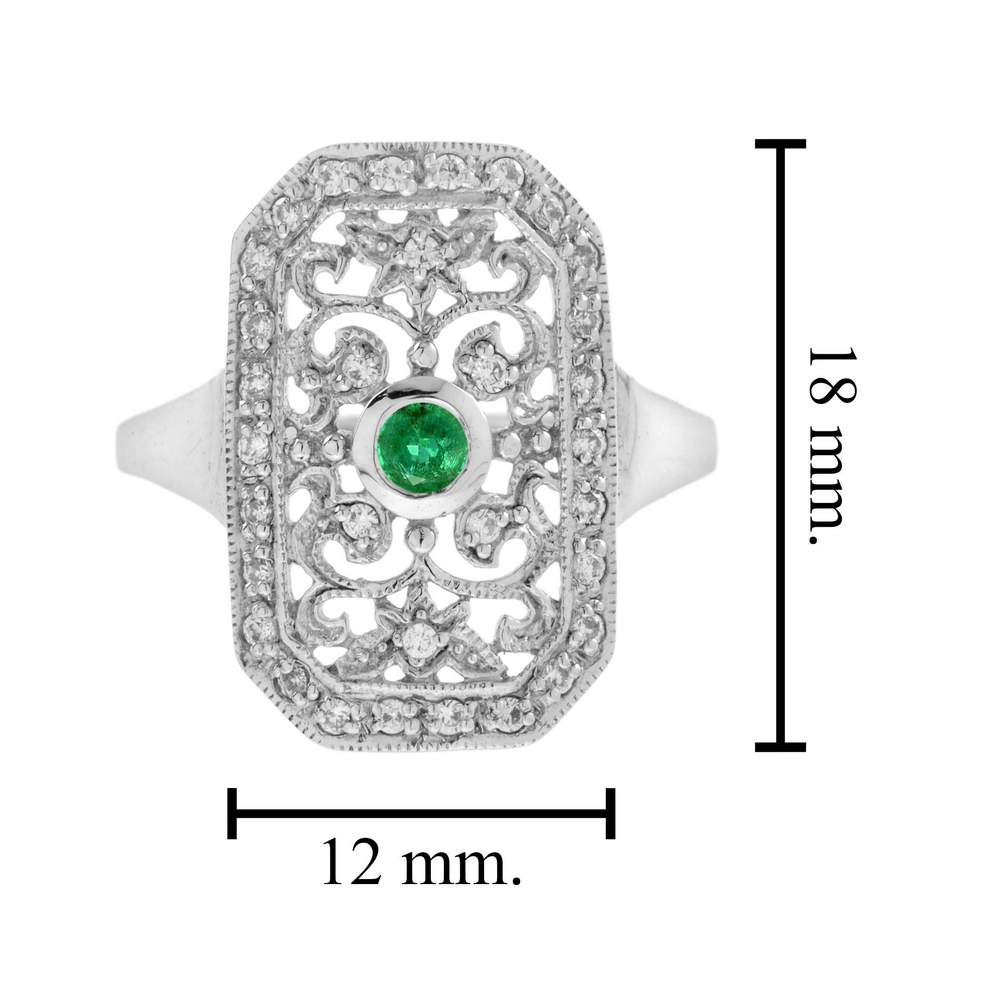 For Sale:  Emerald and Diamond Vintage Style Filigree Ring in 14K White Gold 6