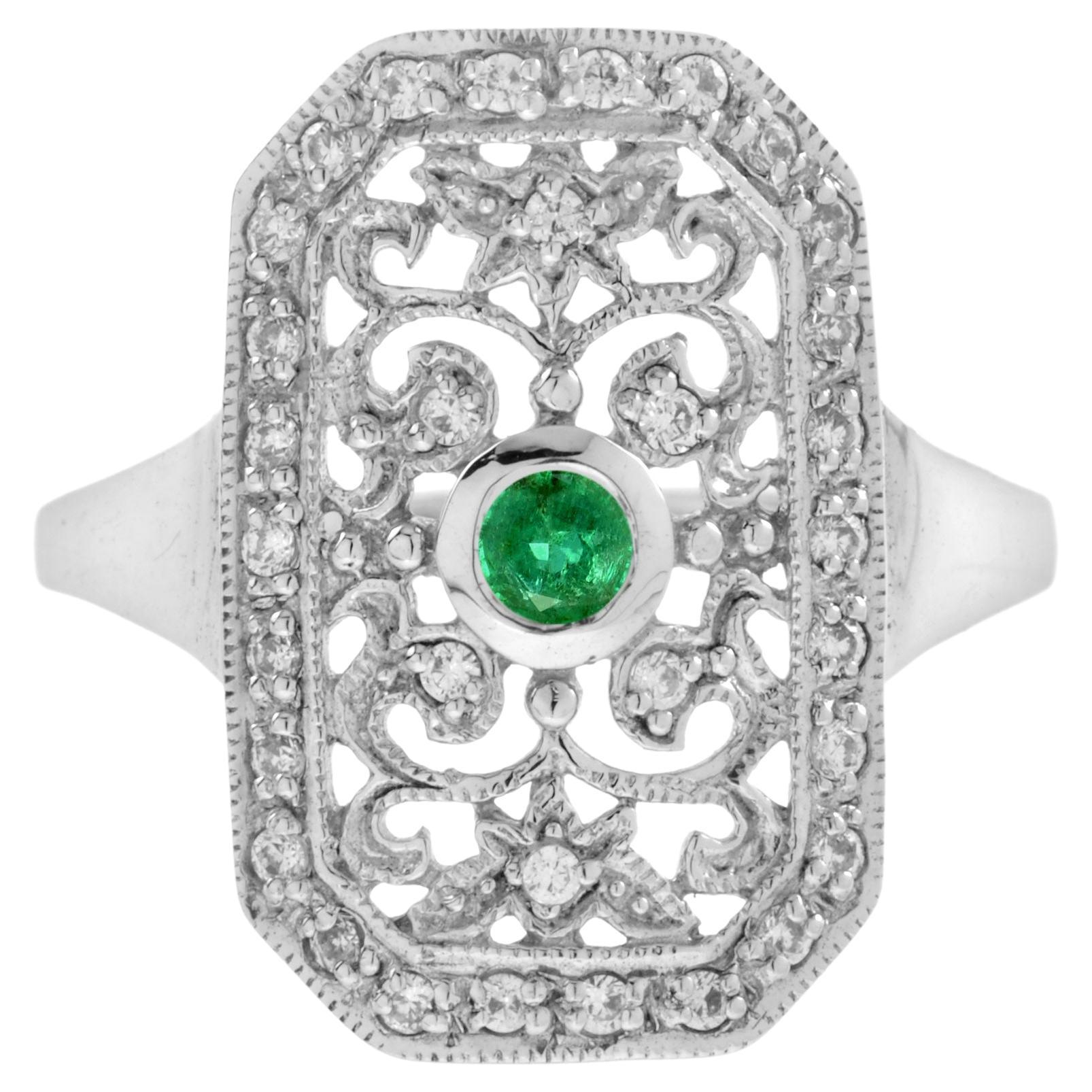 Emerald and Diamond Vintage Style Filigree Ring in 14K White Gold