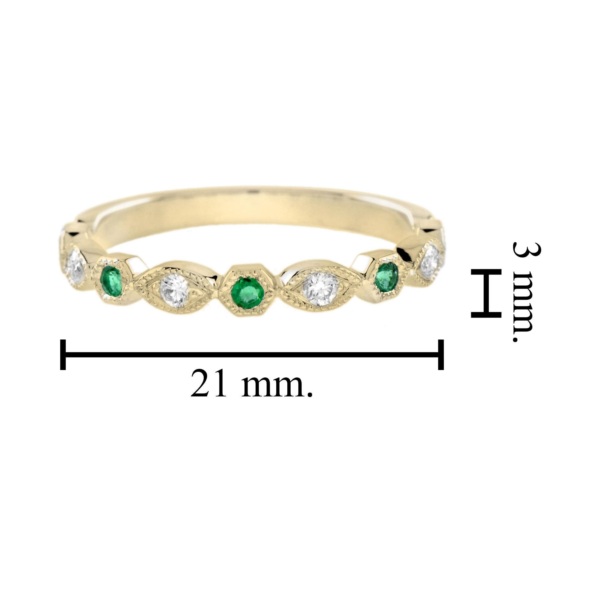 For Sale:  Emerald and Diamond Vintage Style Half Eternity Band Ring in 14K Yellow Gold 6