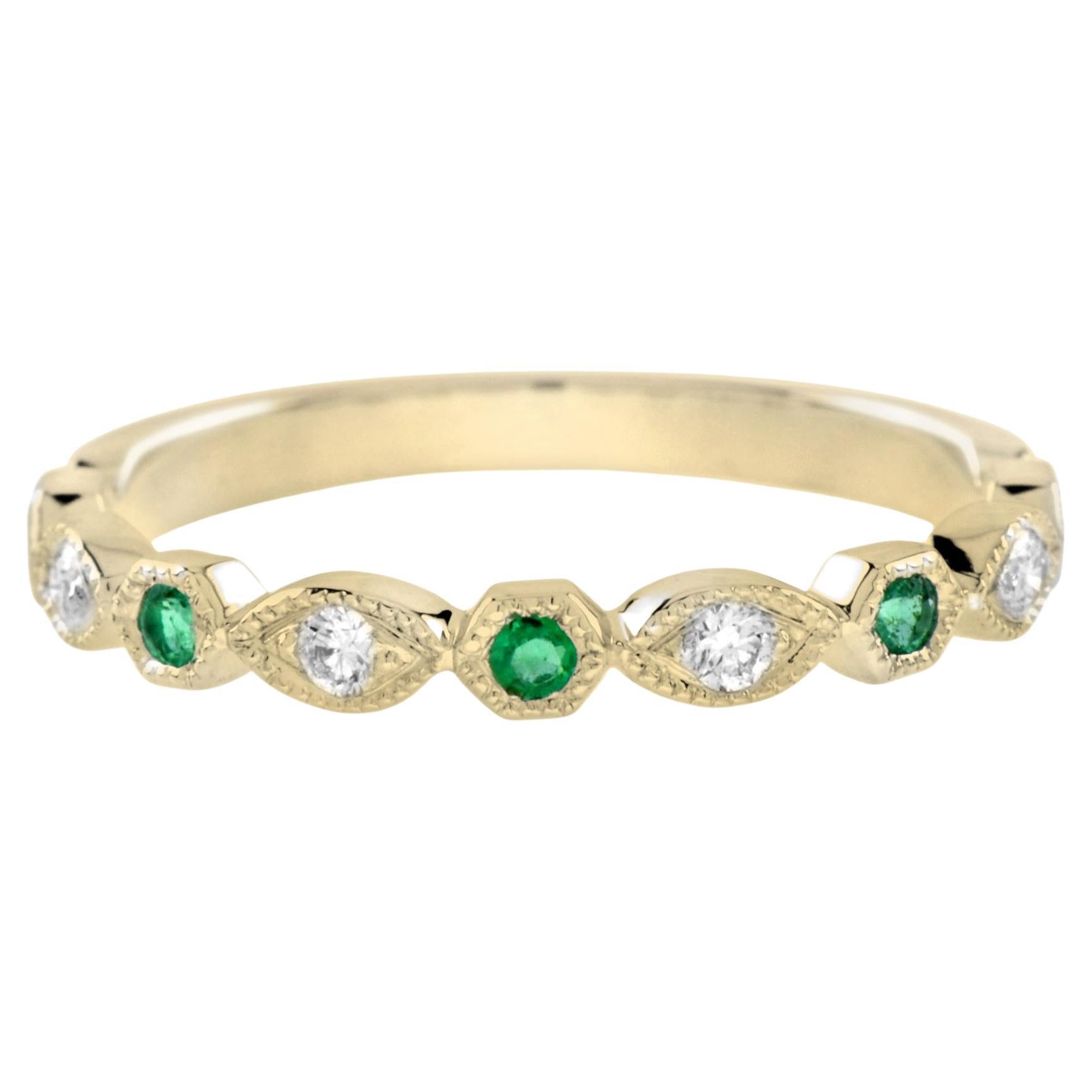 Emerald and Diamond Vintage Style Half Eternity Band Ring in 14K Yellow Gold
