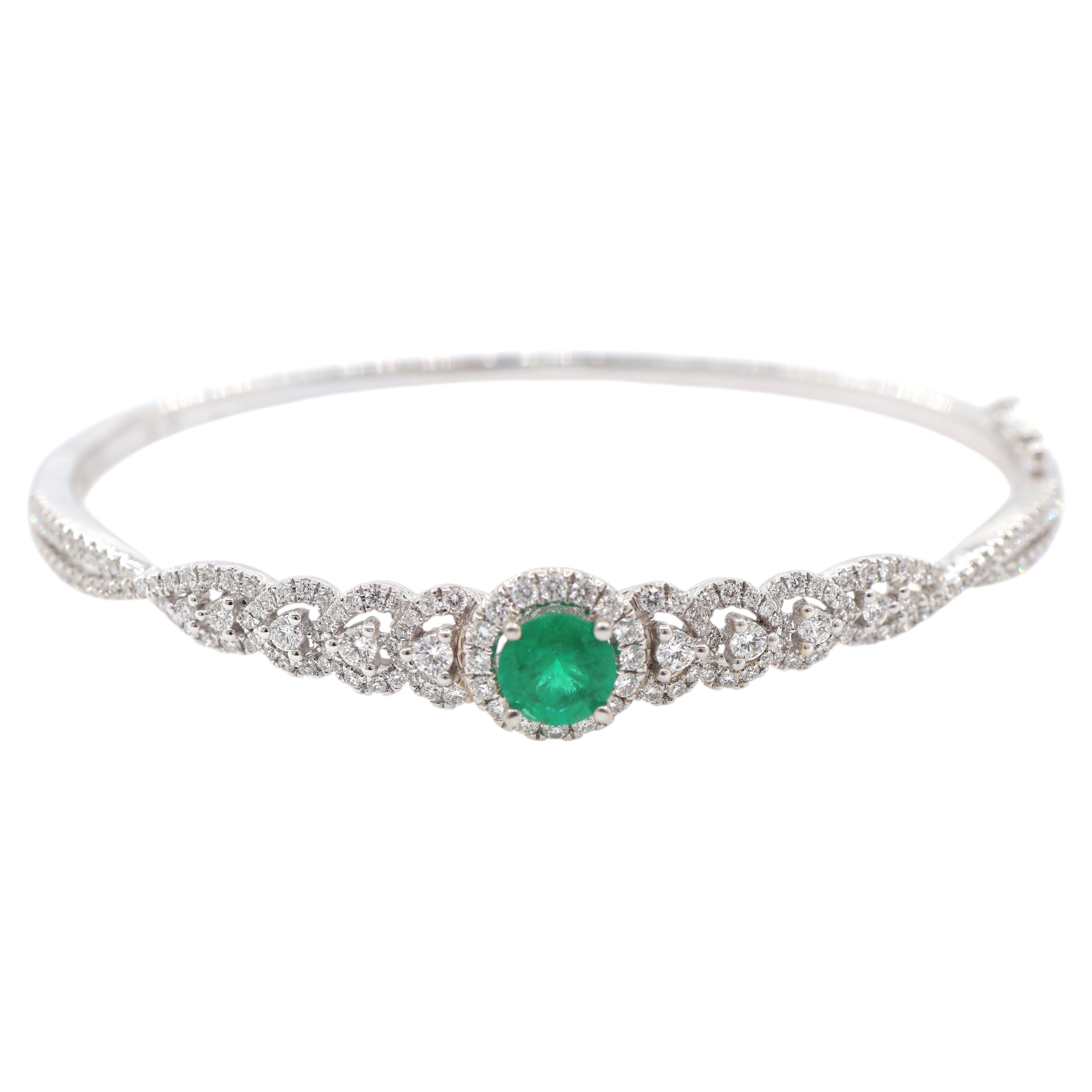 Emerald and Diamond Vintage Style Halo Bangle Bracelet 18K White Gold