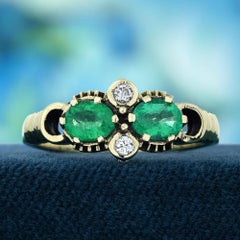 Emerald and Diamond Vintage Style Two Stones Ring in Solid 9K Yellow Gold
