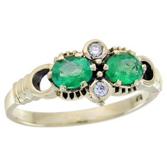 Bague à deux pierres en or jaune 9K massif, style vintage, avec émeraudes et diamants