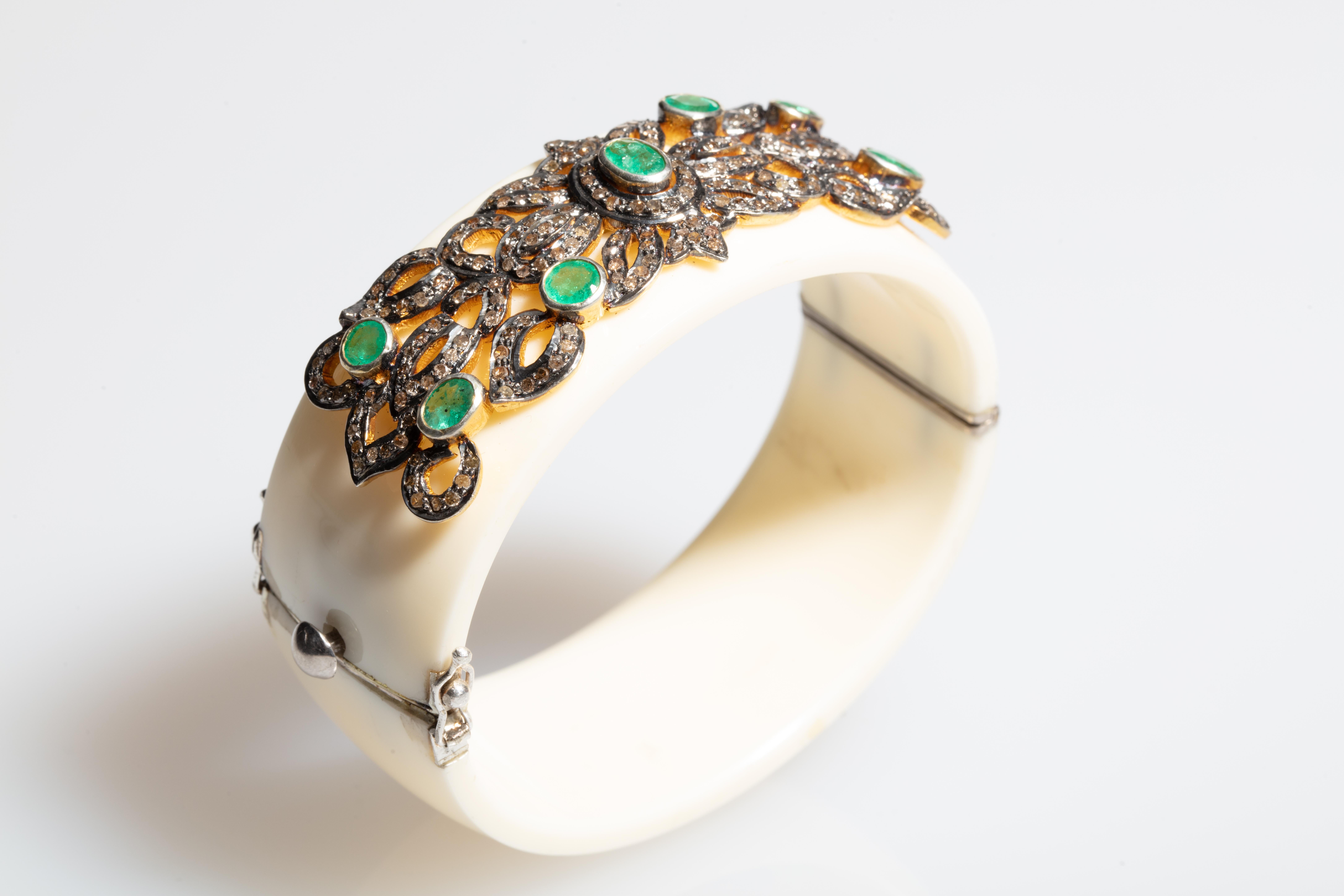 Women's or Men's Emerald and Diamond White Bakelite Cuff Bracelet
