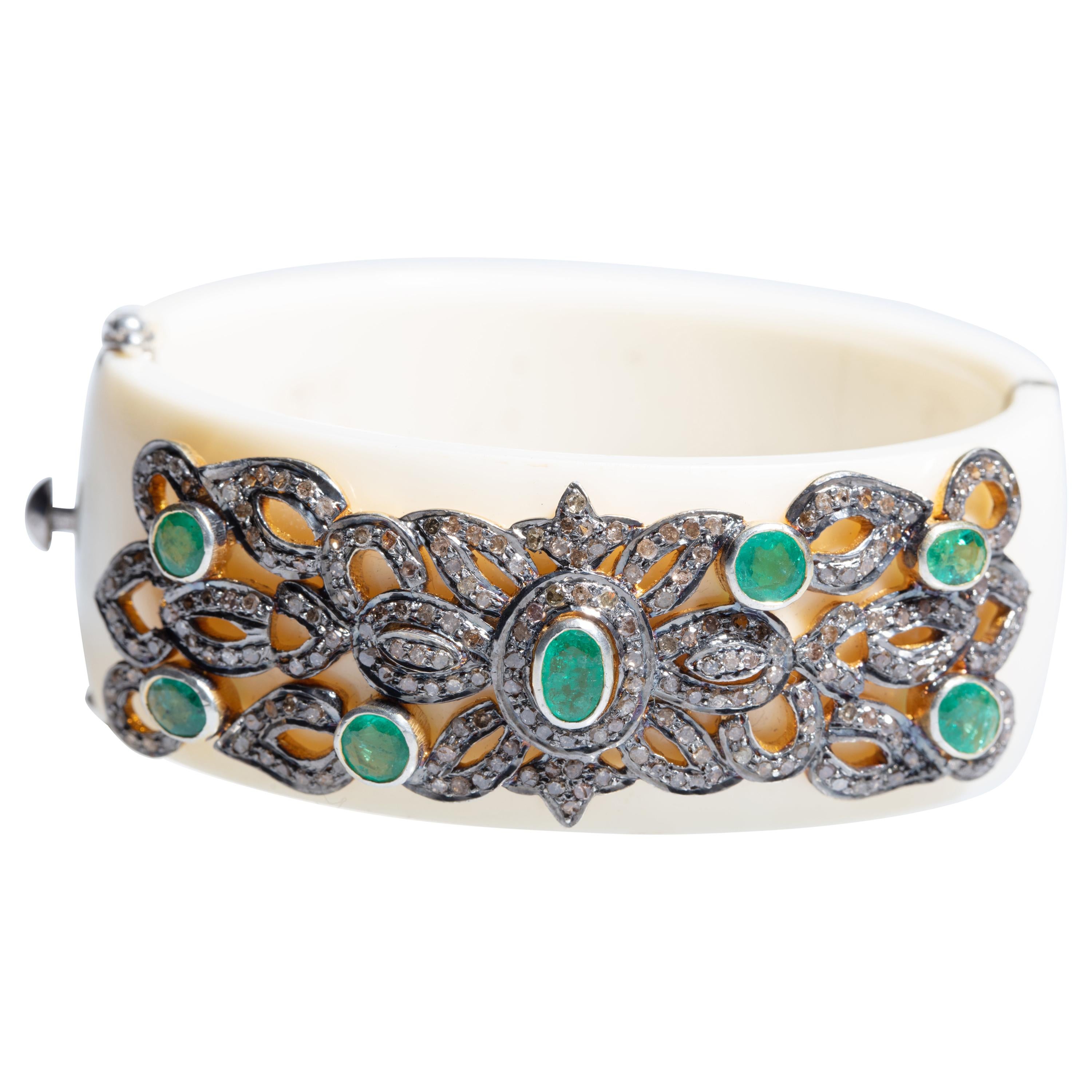 Emerald and Diamond White Bakelite Cuff Bracelet