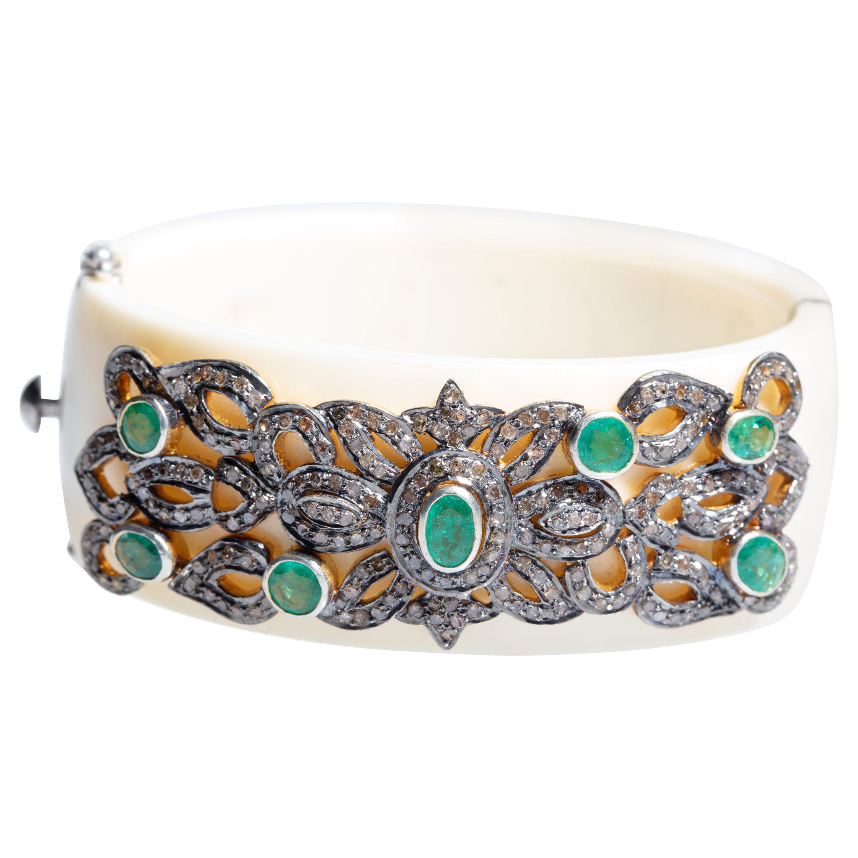 Emerald and Diamond White Bakelite Cuff Bracelet
