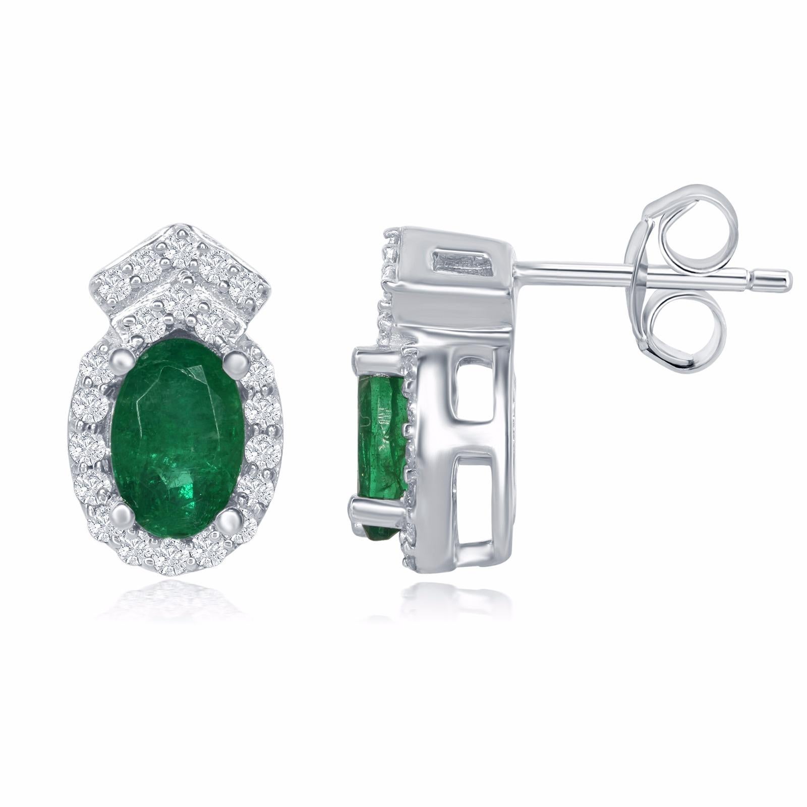 Oval Cut Emerald and Diamond White Gold Drop Earring Studs