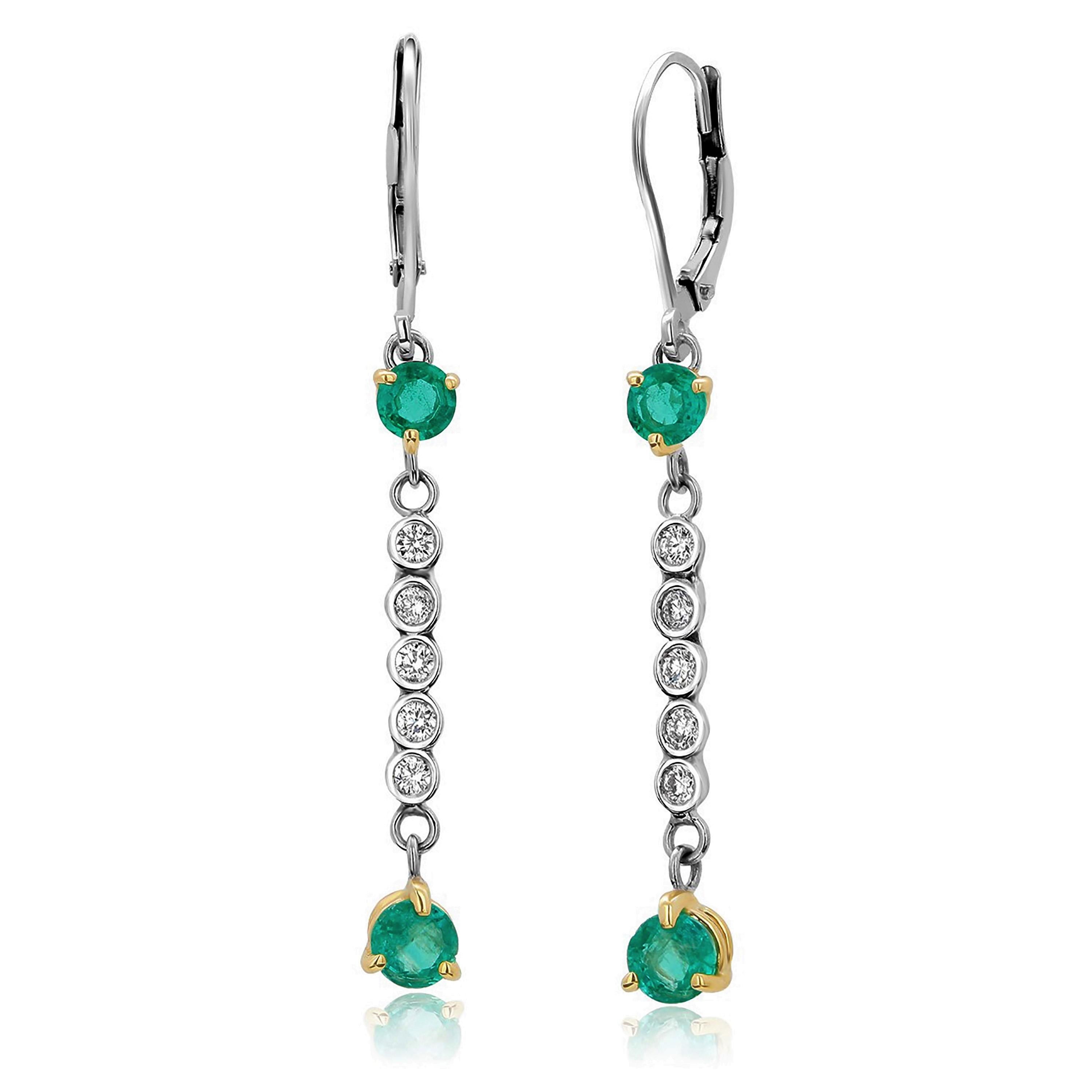 Women's or Men's Emerald and Diamond White Gold Drop Hoop Earrings