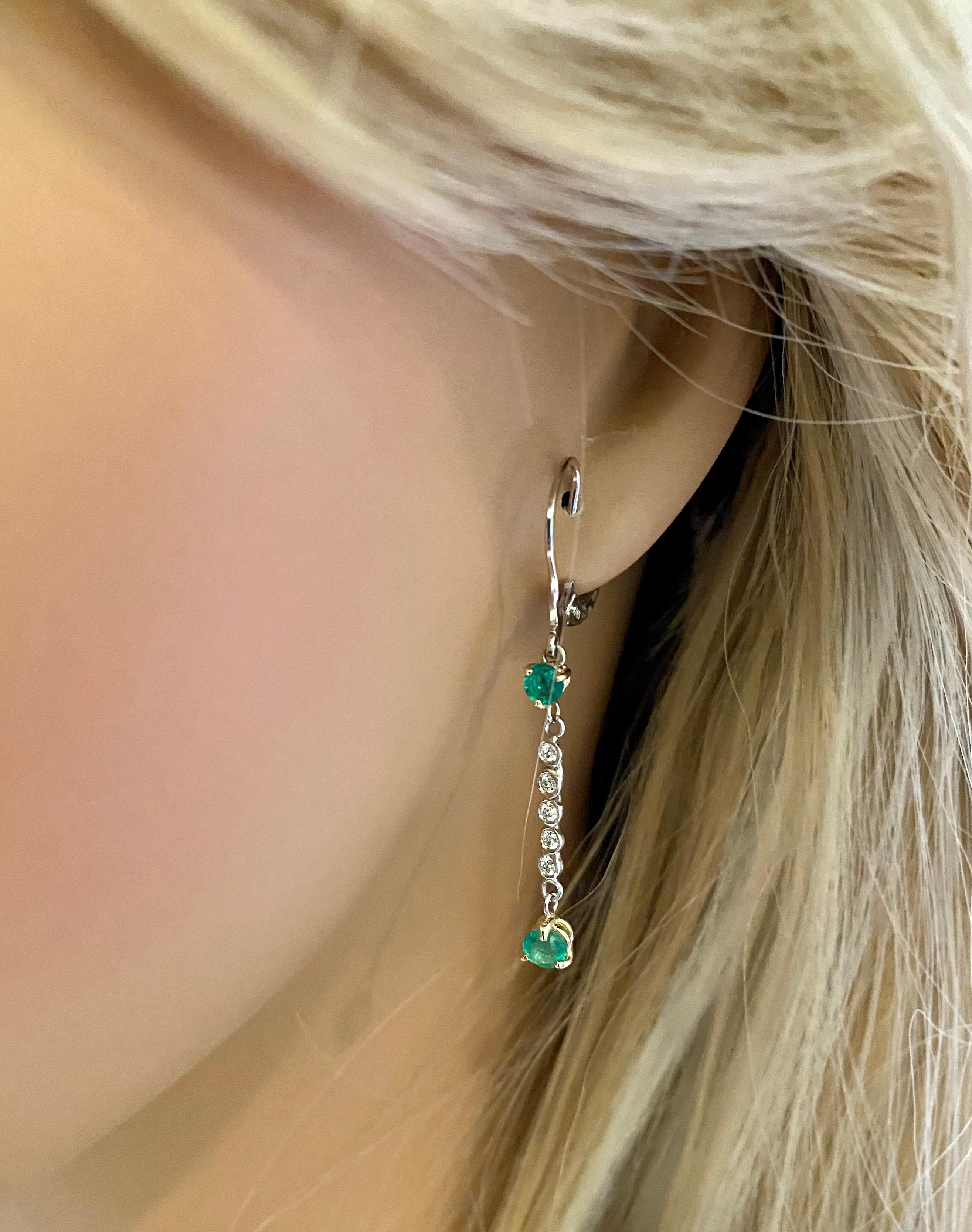 Emerald and Diamond White Gold Drop Hoop Earrings 1