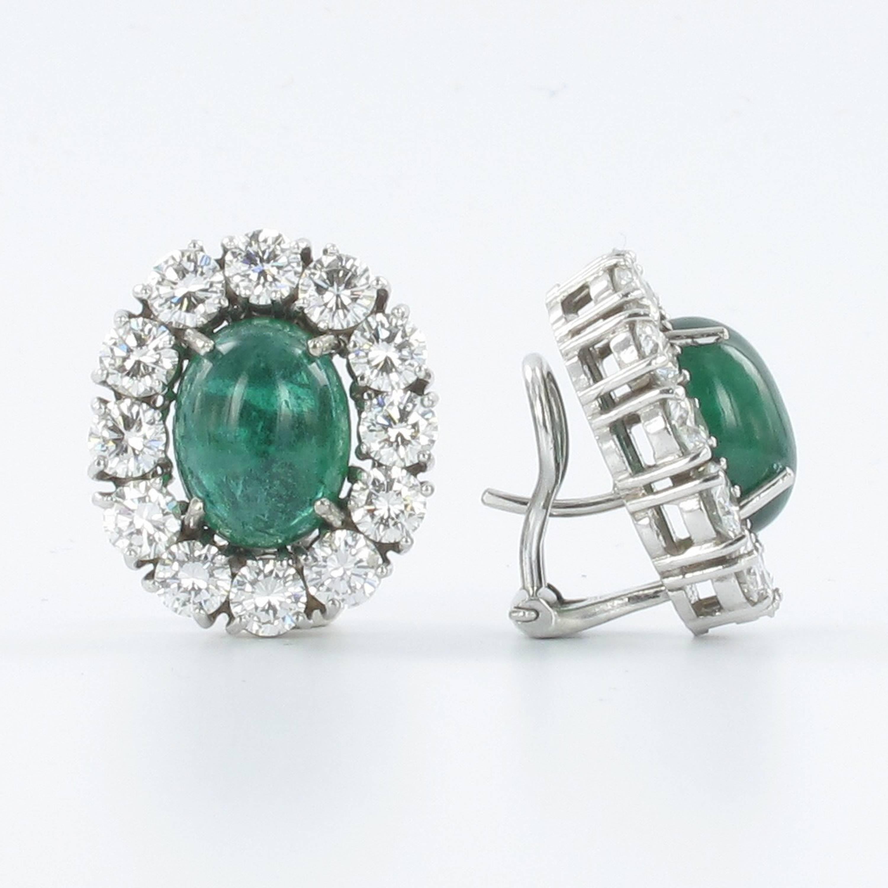 Oval Cut Emerald and Diamond White Gold Ear Clips