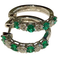 Emerald and Diamond White Gold Hoop Earrings