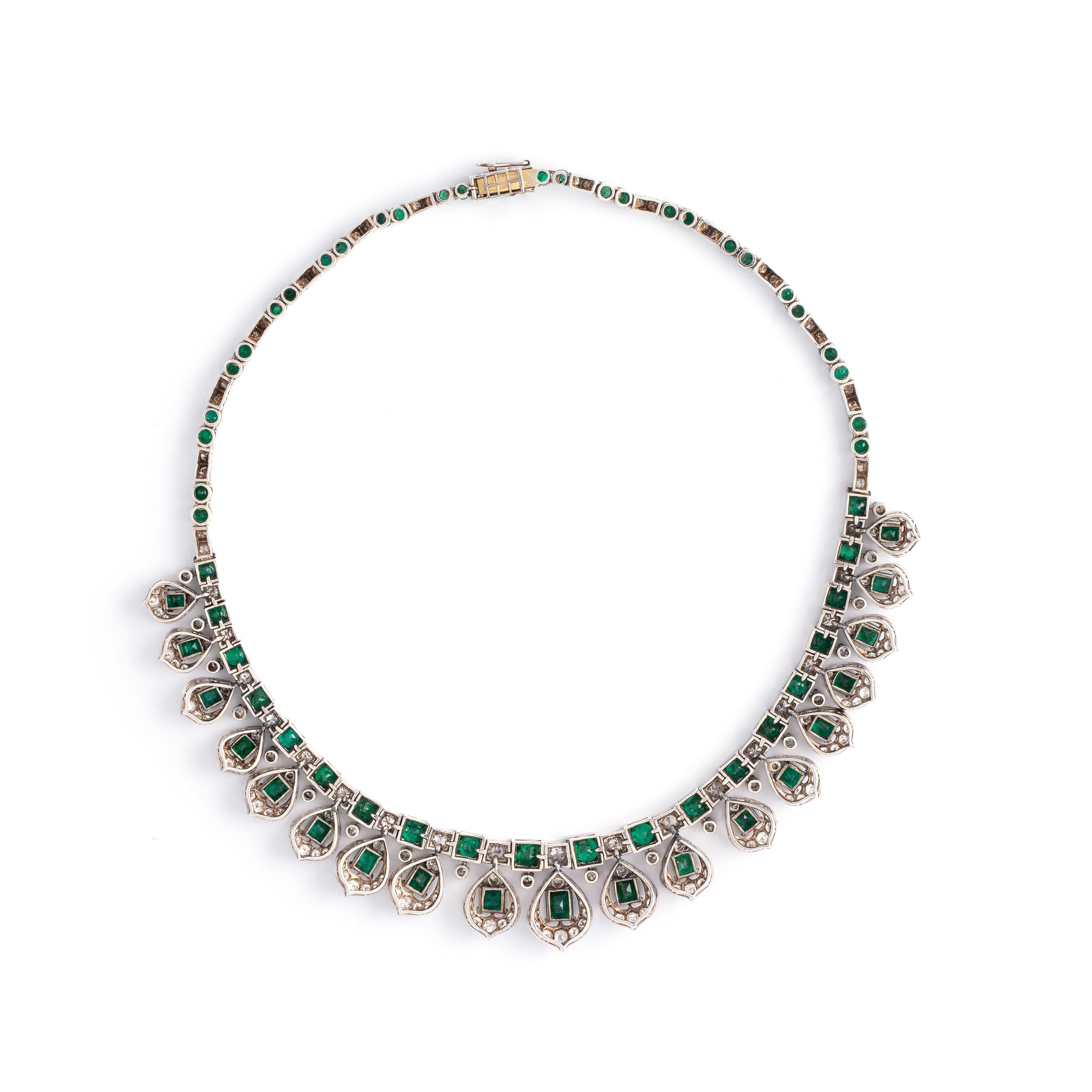 Anglo-Indian Emerald Diamond White Gold Necklace For Sale