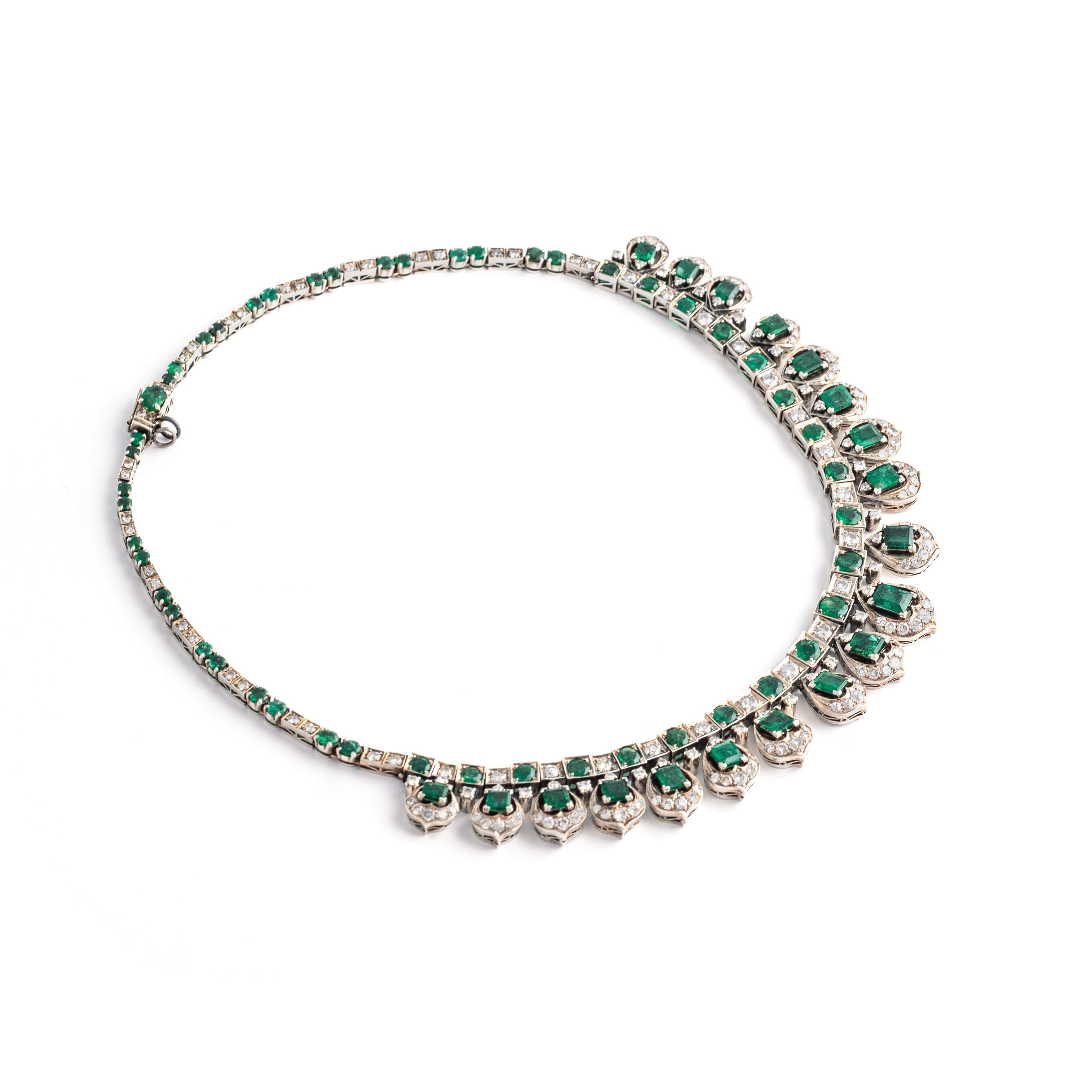 Emerald Cut Emerald Diamond White Gold Necklace For Sale